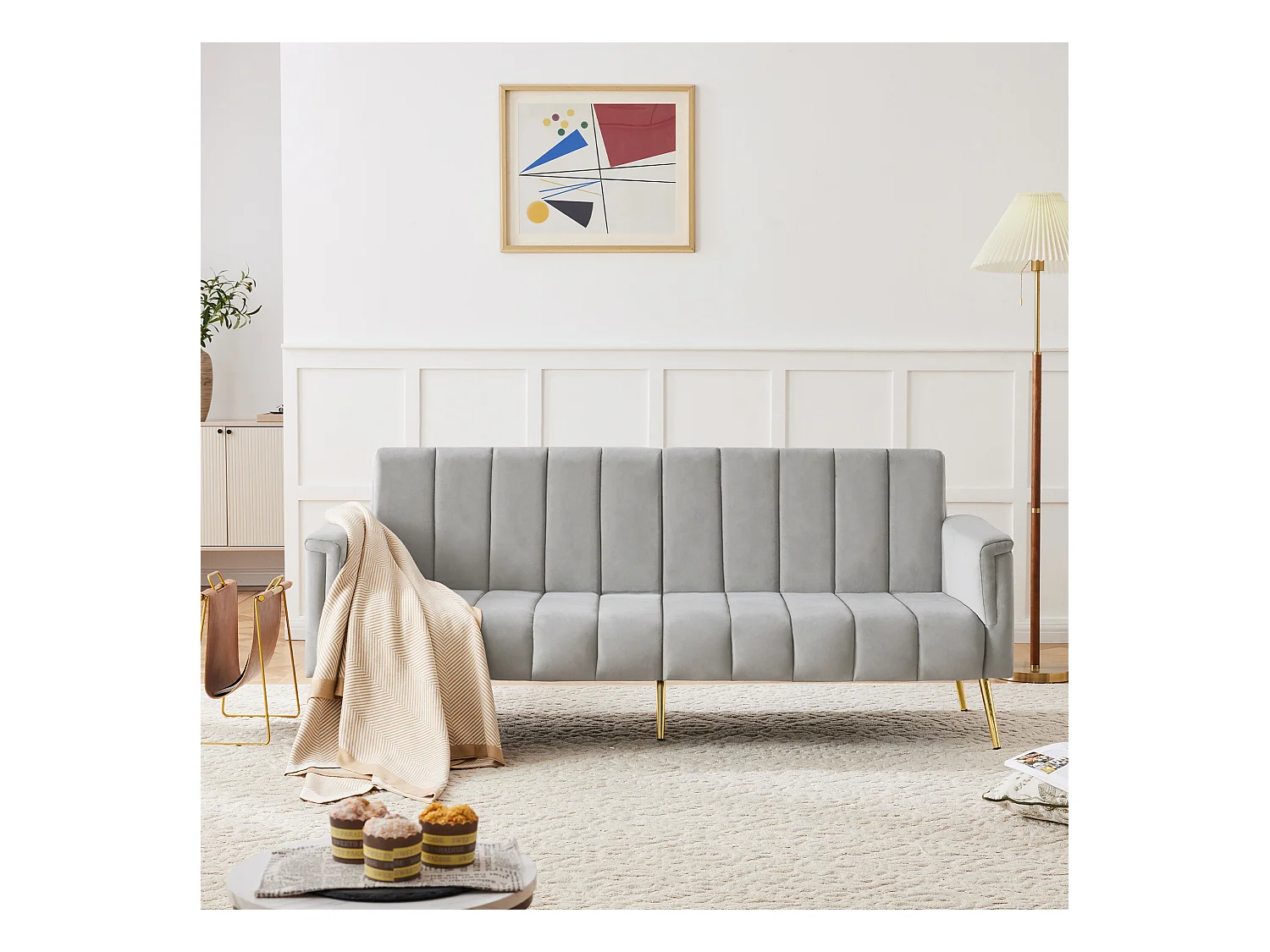 Canapé-lit pliable avec fonction couchage en velours - pieds en métal - pour salon, chambre - gris