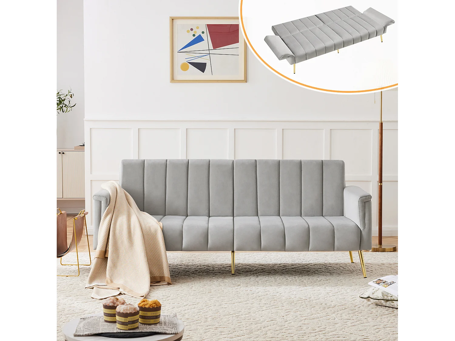 Canapé convertible avec fonction couchage en velours - pieds en métal - pour salon, chambre - gris