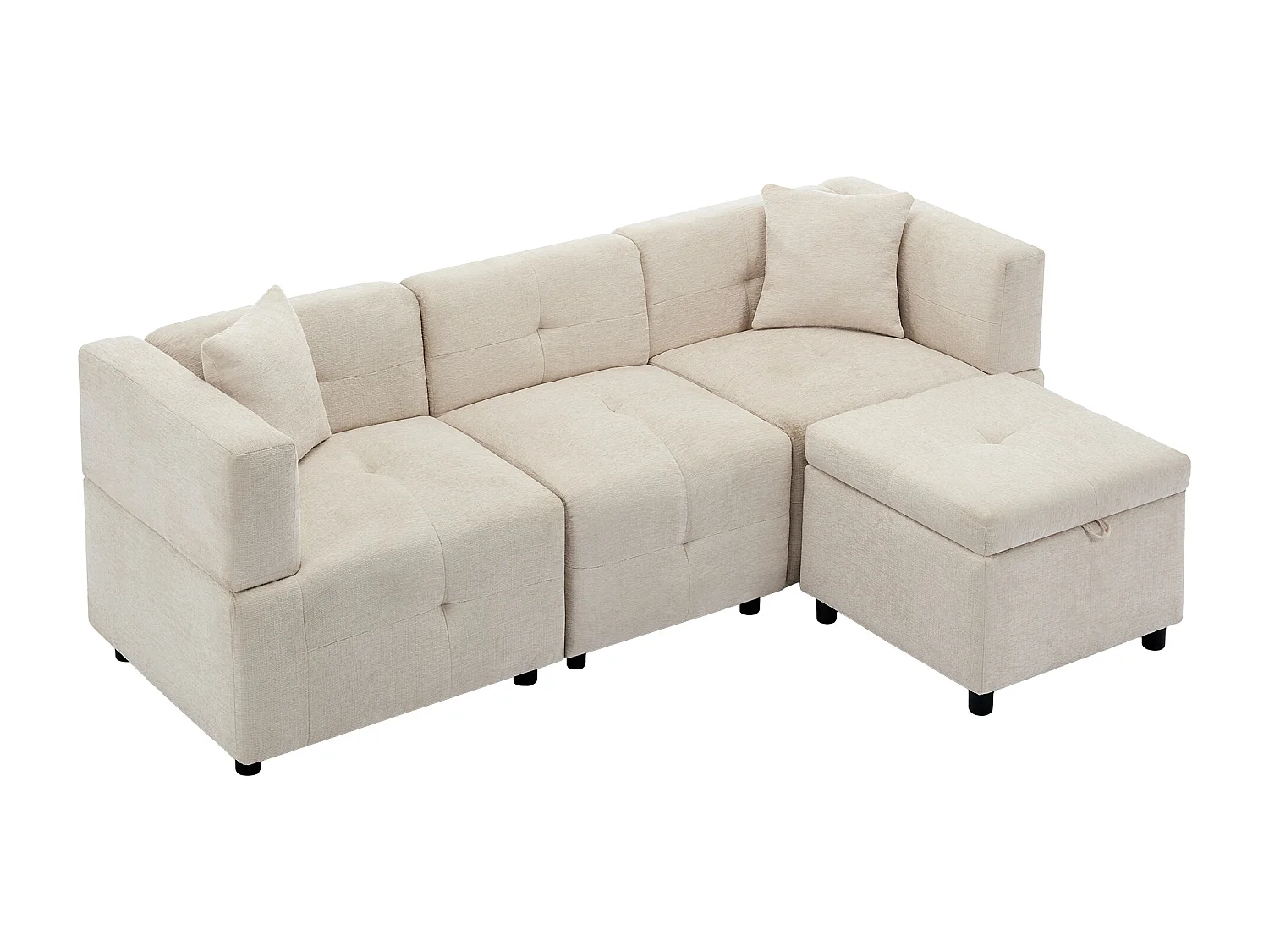 Canapé 3 places en L avec ottoman rangement, assise profonde à ressorts ensachés, chenille beige