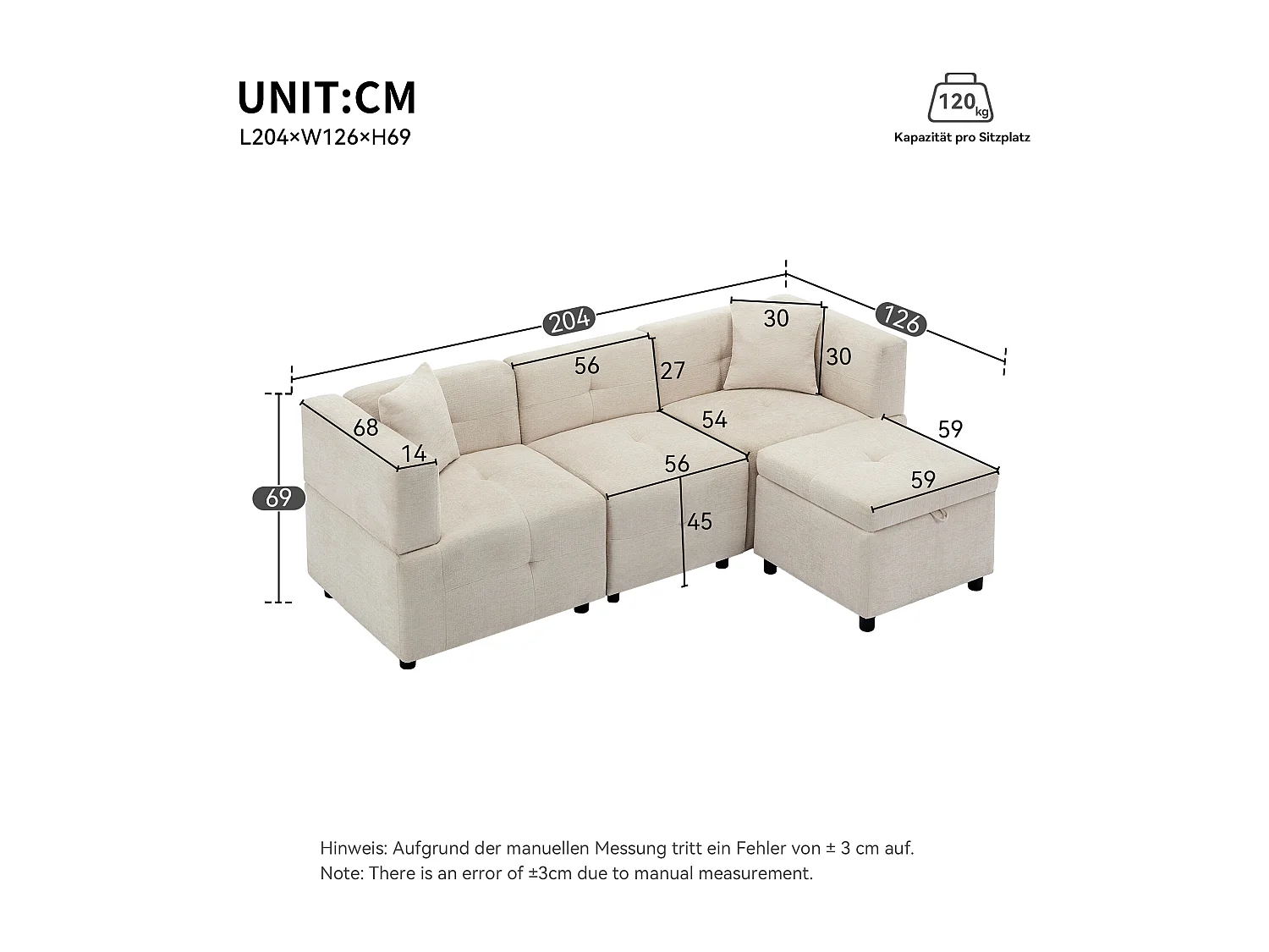 Canapé 3 places en L avec ottoman rangement, assise profonde à ressorts ensachés, chenille beige