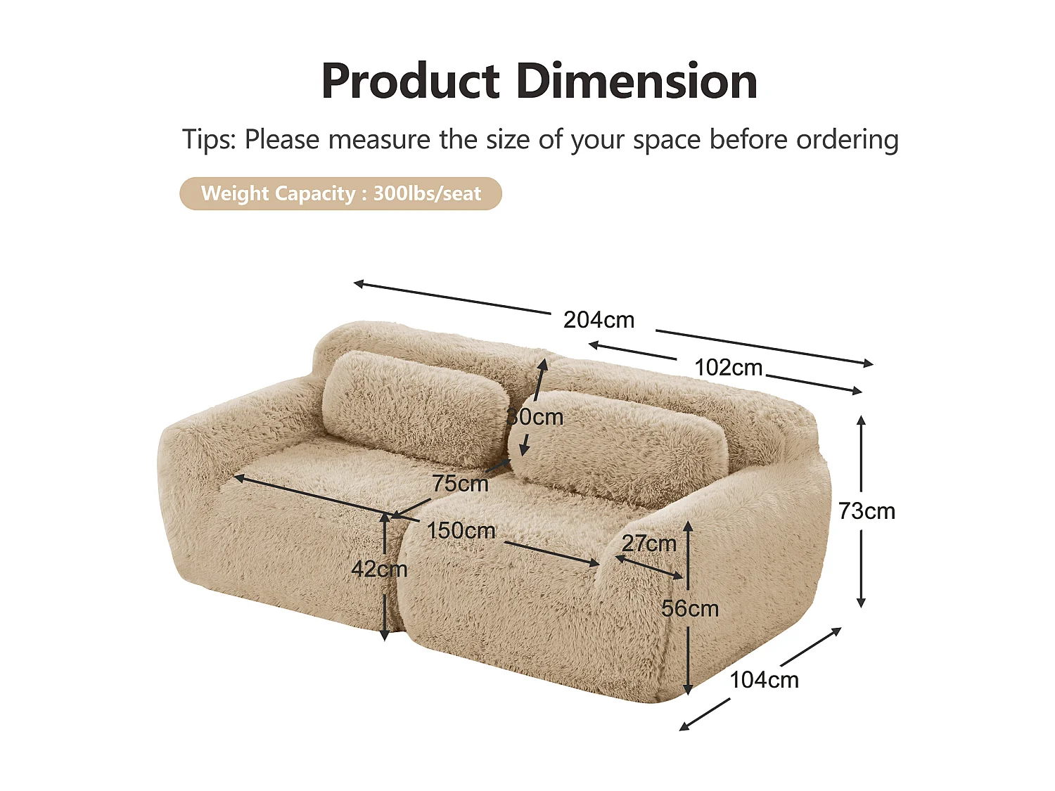 Divano 2 posti modulare stile minimal adattabile con pouf collegabile e base antiscivolo, tessuto in peluche khaki chiaro