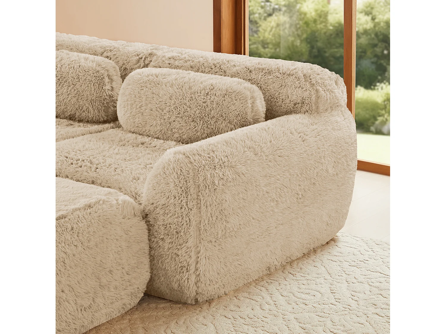 Divano 2 posti modulare stile minimal adattabile con pouf collegabile e base antiscivolo, tessuto in peluche khaki chiaro