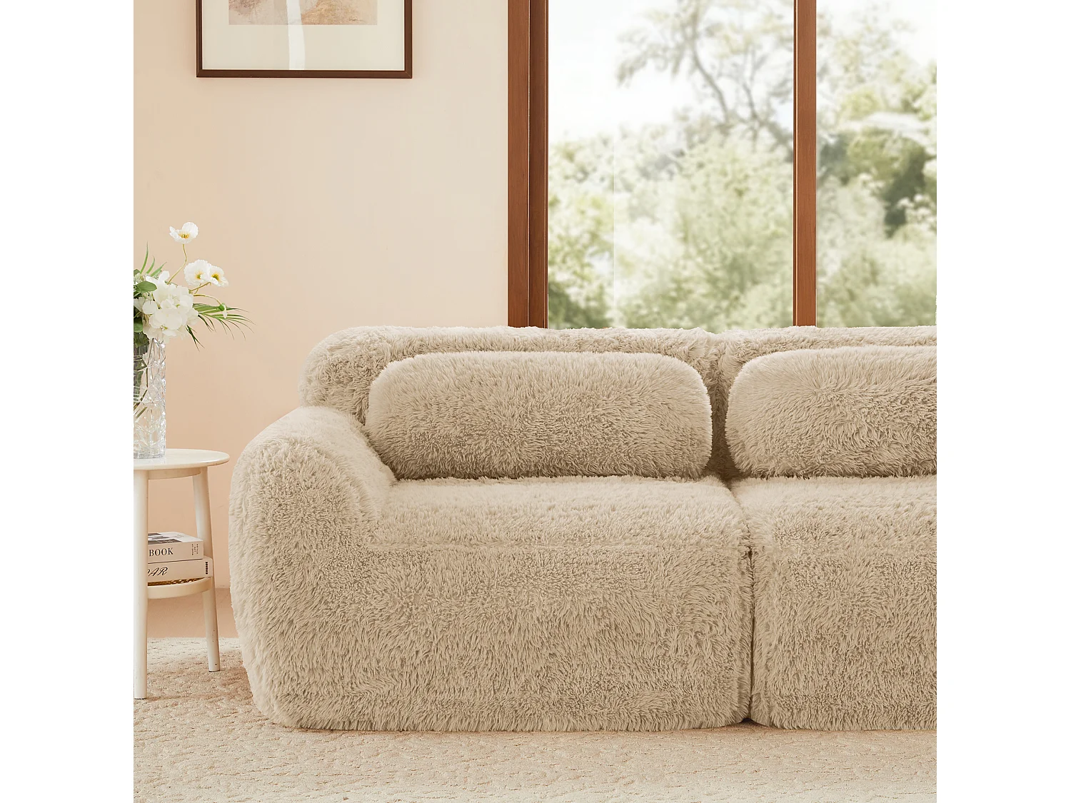 Divano 2 posti modulare stile minimal adattabile con pouf collegabile e base antiscivolo, tessuto in peluche khaki chiaro