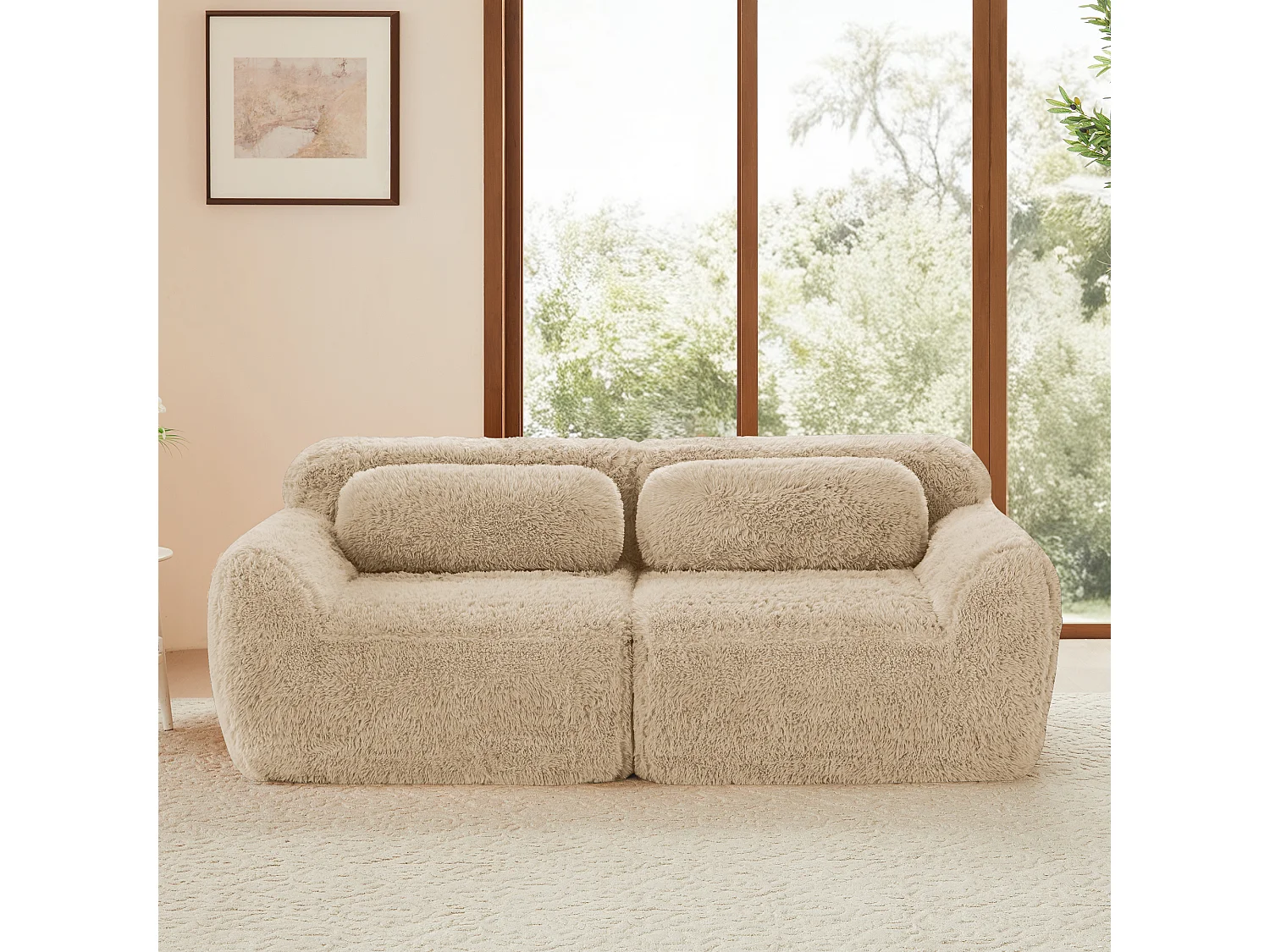 Divano 2 posti modulare stile minimal adattabile con pouf collegabile e base antiscivolo, tessuto in peluche khaki chiaro