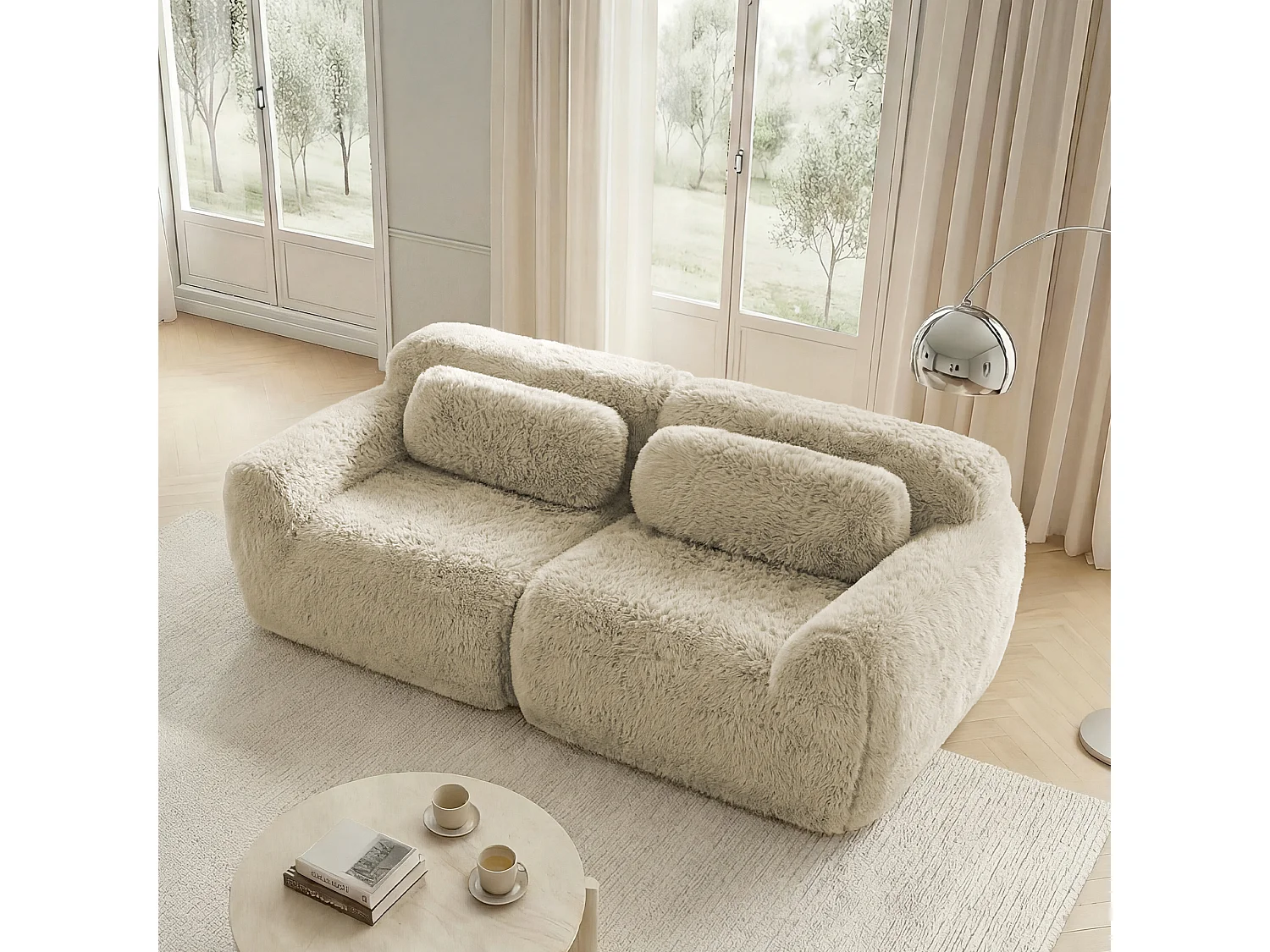 Divano 2 posti modulare stile minimal adattabile con pouf collegabile e base antiscivolo, tessuto in peluche khaki chiaro