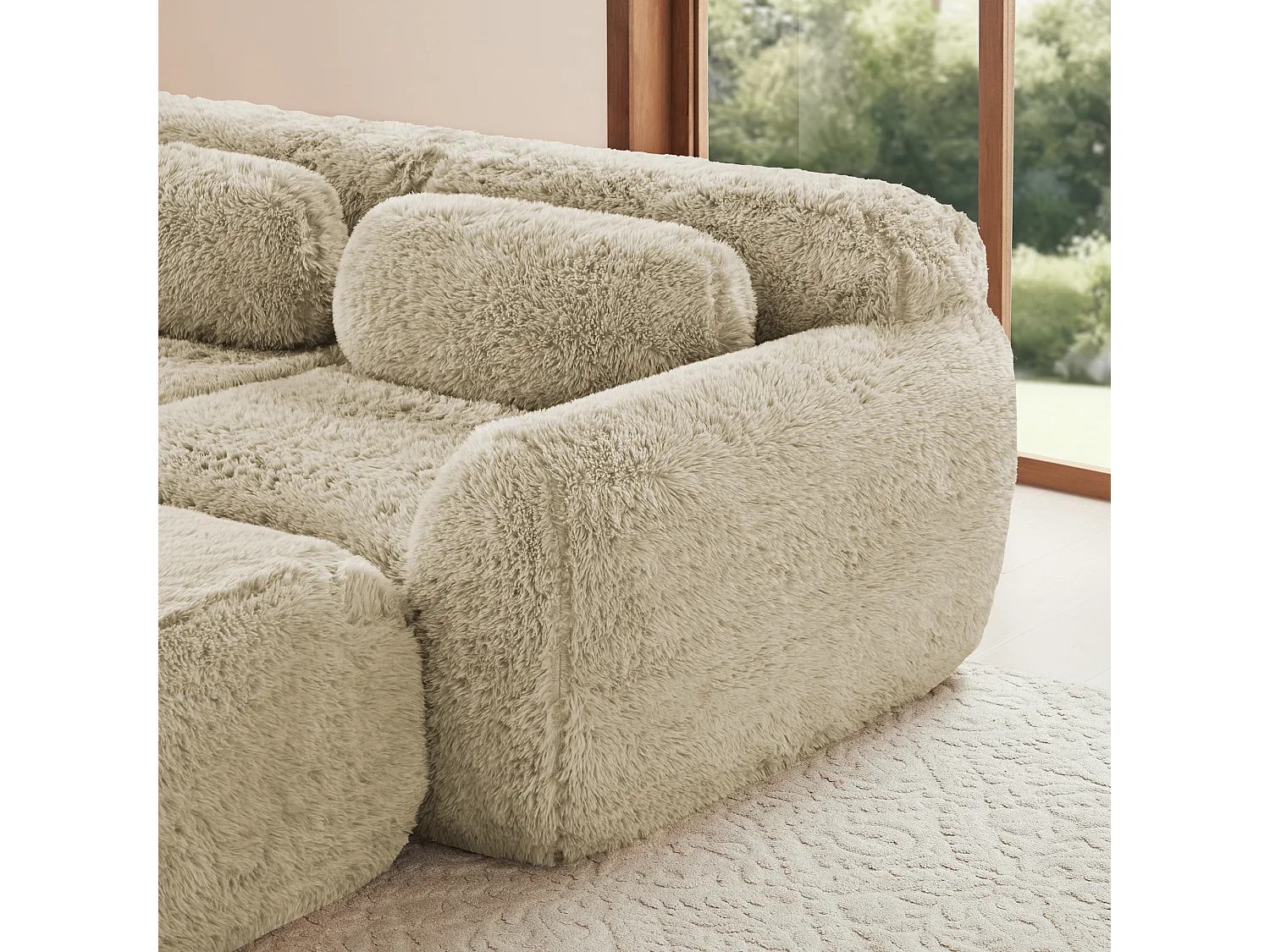 Divano 2 posti modulare stile minimal adattabile con pouf collegabile e base antiscivolo, tessuto in peluche khaki chiaro