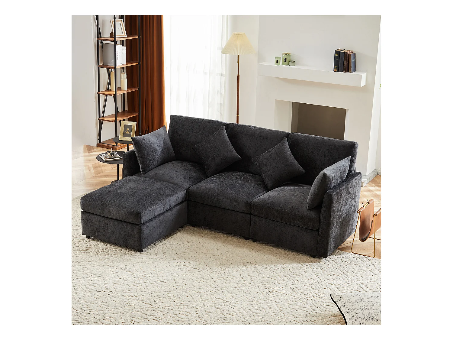 Sofá esquinero de 4 plazas con cojines - Sofá de chenilla con reposapiés - Diseño moderno - Gris