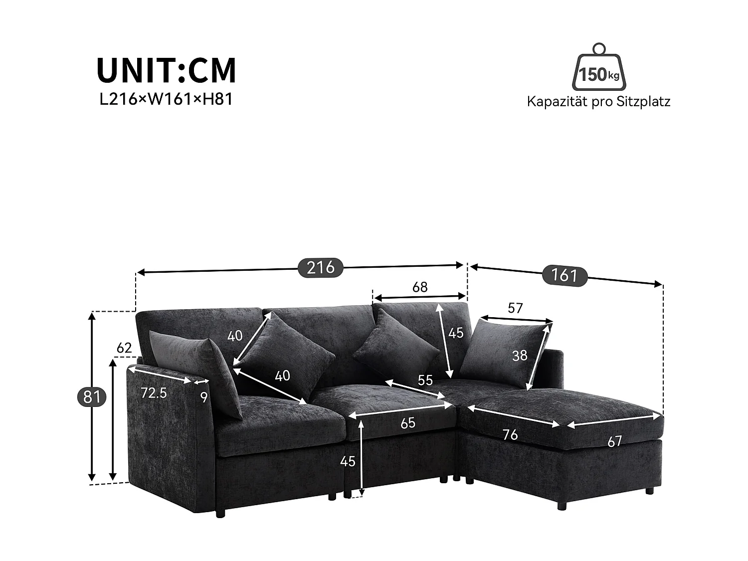 Canapé d'angle 4 places avec coussins - canapé en chenille avec repose-pieds - design moderne - gris