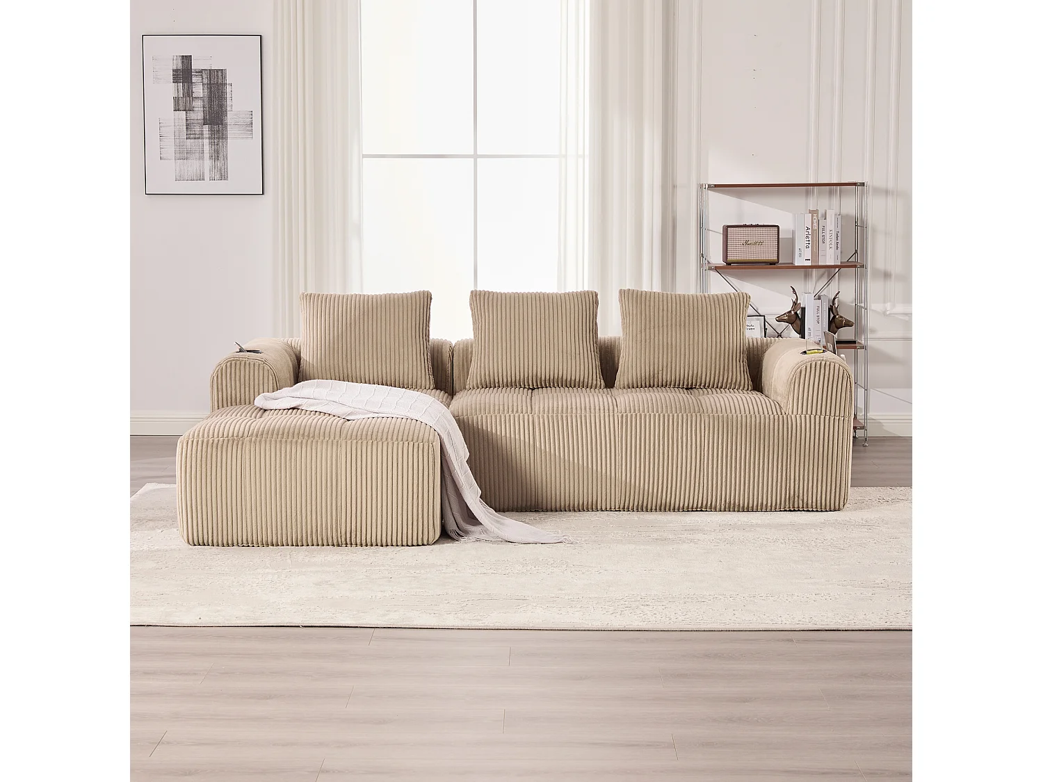 Bank 253 x 158 x 61 cm compact modulair, ribcord khaki, zijvakken en bekerhouder, inclusief 3 kussens