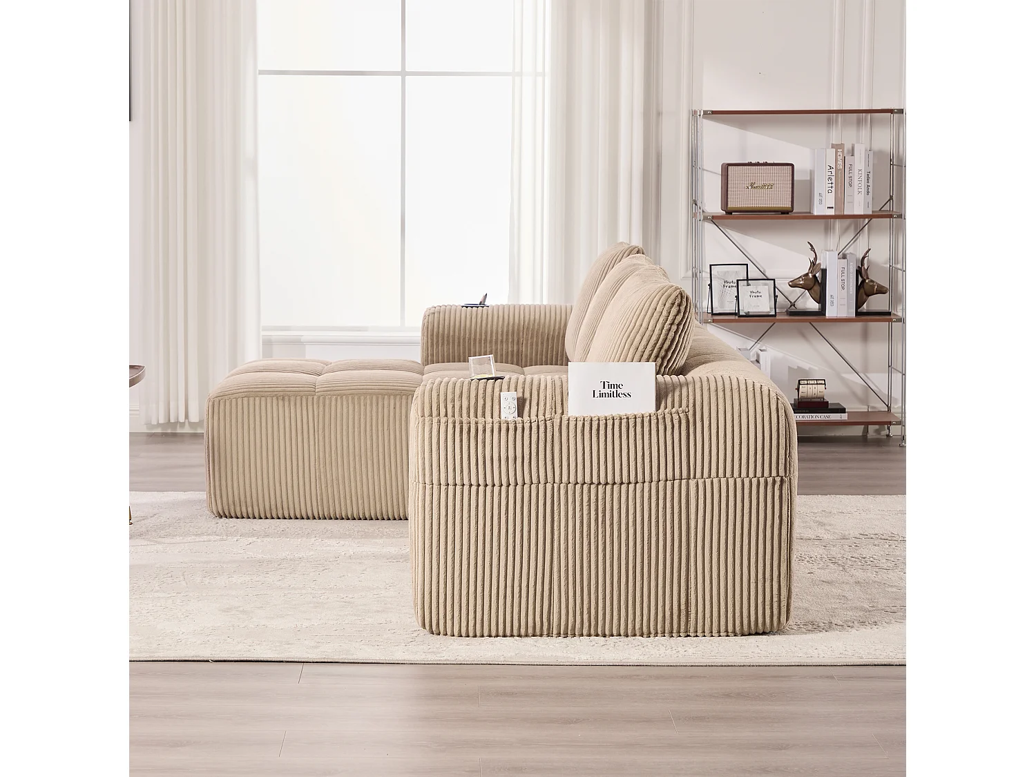 Bank 253 x 158 x 61 cm compact modulair, ribcord khaki, zijvakken en bekerhouder, inclusief 3 kussens