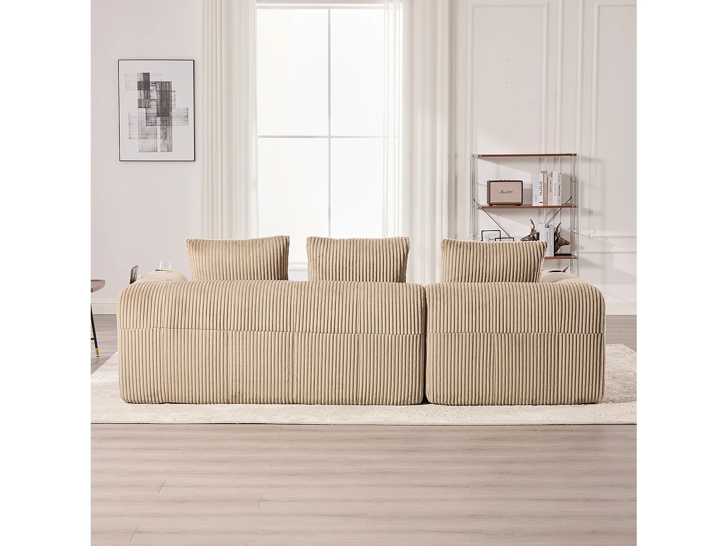 Bank 253 x 158 x 61 cm compact modulair, ribcord khaki, zijvakken en bekerhouder, inclusief 3 kussens