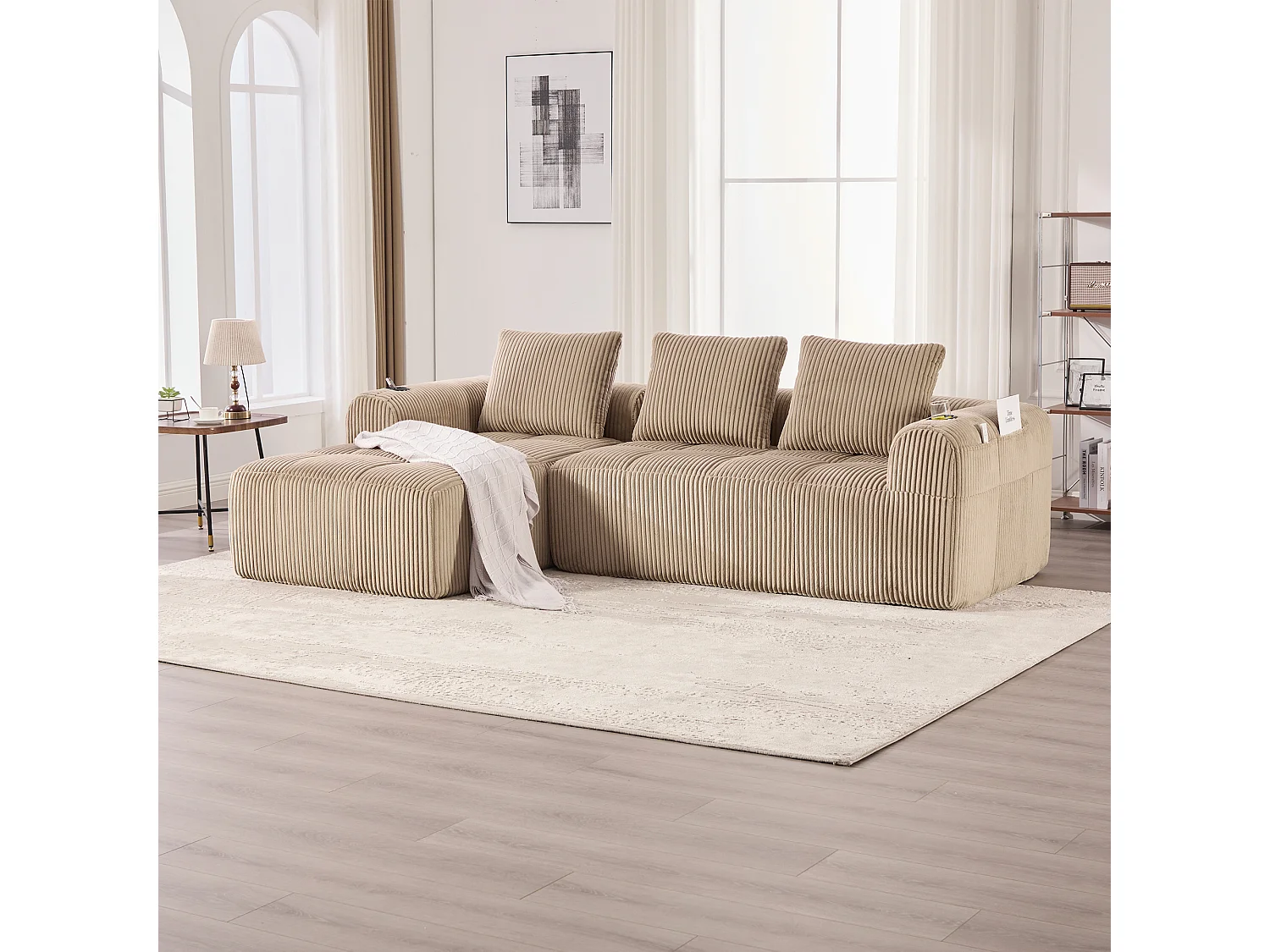 Bank 253 x 158 x 61 cm compact modulair, ribcord khaki, zijvakken en bekerhouder, inclusief 3 kussens