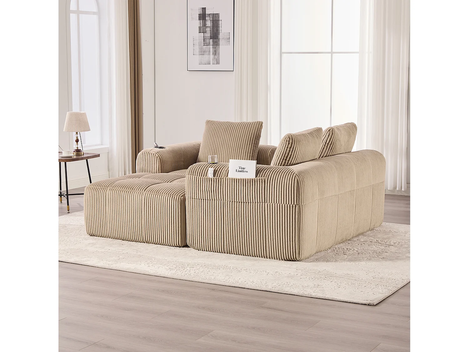 Bank 253 x 158 x 61 cm compact modulair, ribcord khaki, zijvakken en bekerhouder, inclusief 3 kussens