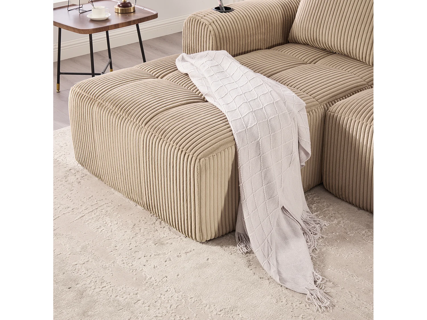 Sofá para espacios pequeños estilo retro con sistema modular diy de pana caqui 253 x 158 x 61 cm