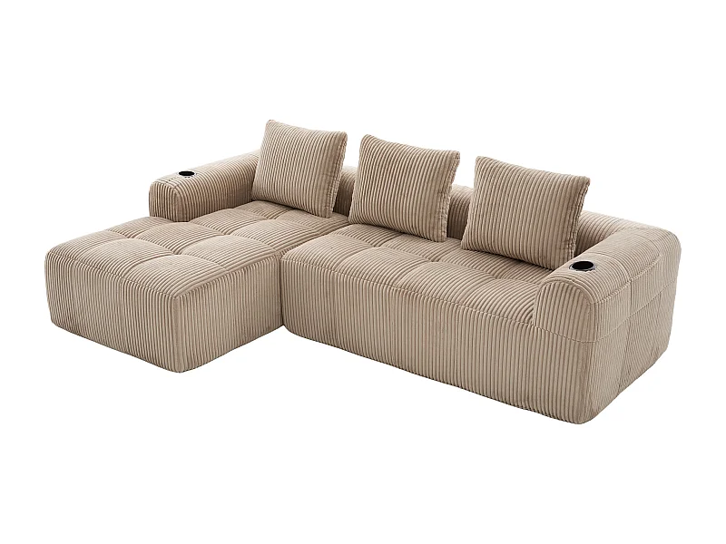 Divano modulare 253x158x61 cm personalizzabile per piccoli spazi, tessuto in pana khaki