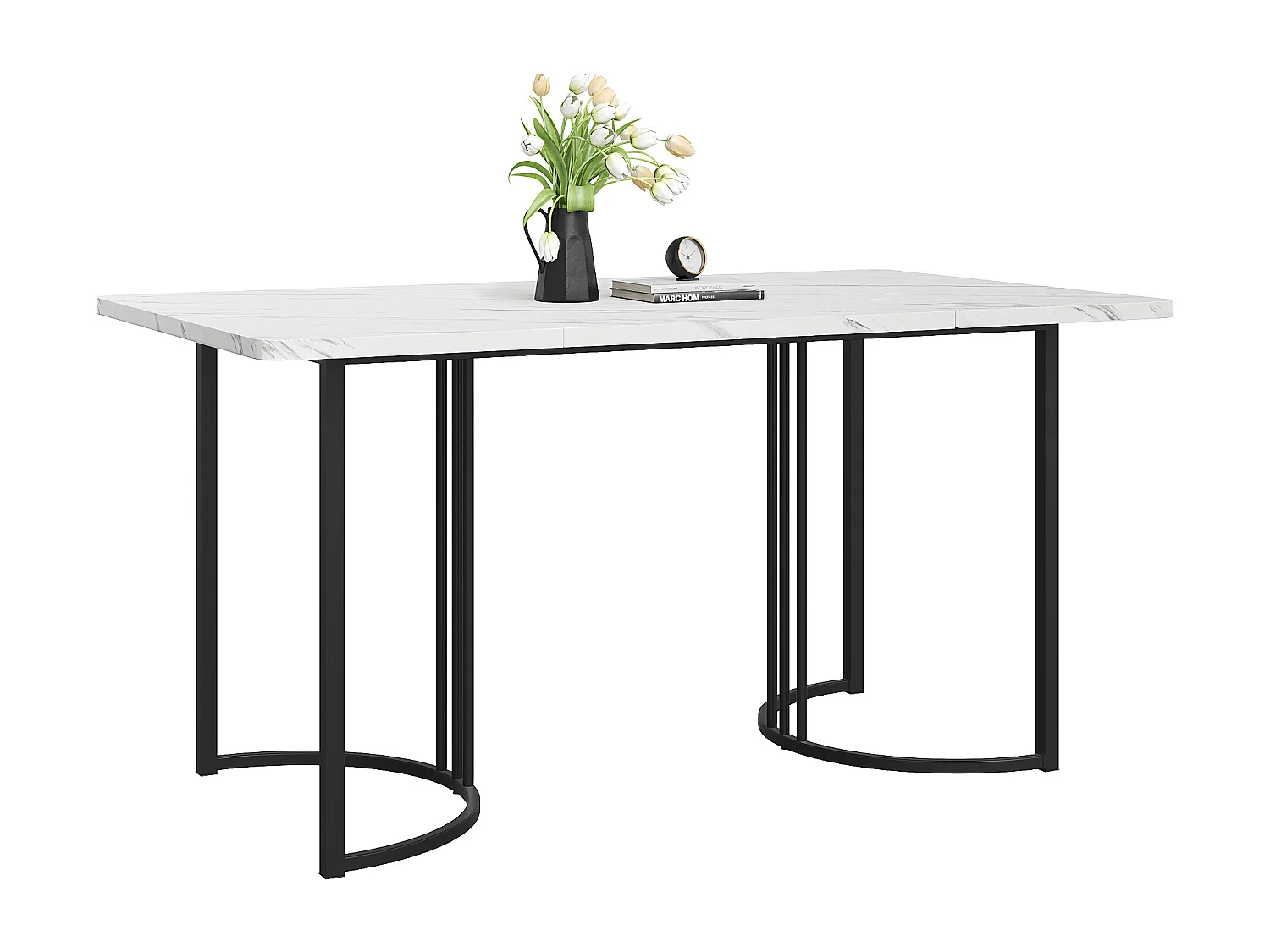 Table à manger rectangulaire 140x80 cm pour 6 places - pieds réglables - métal et bois - blanc/noir moderne
