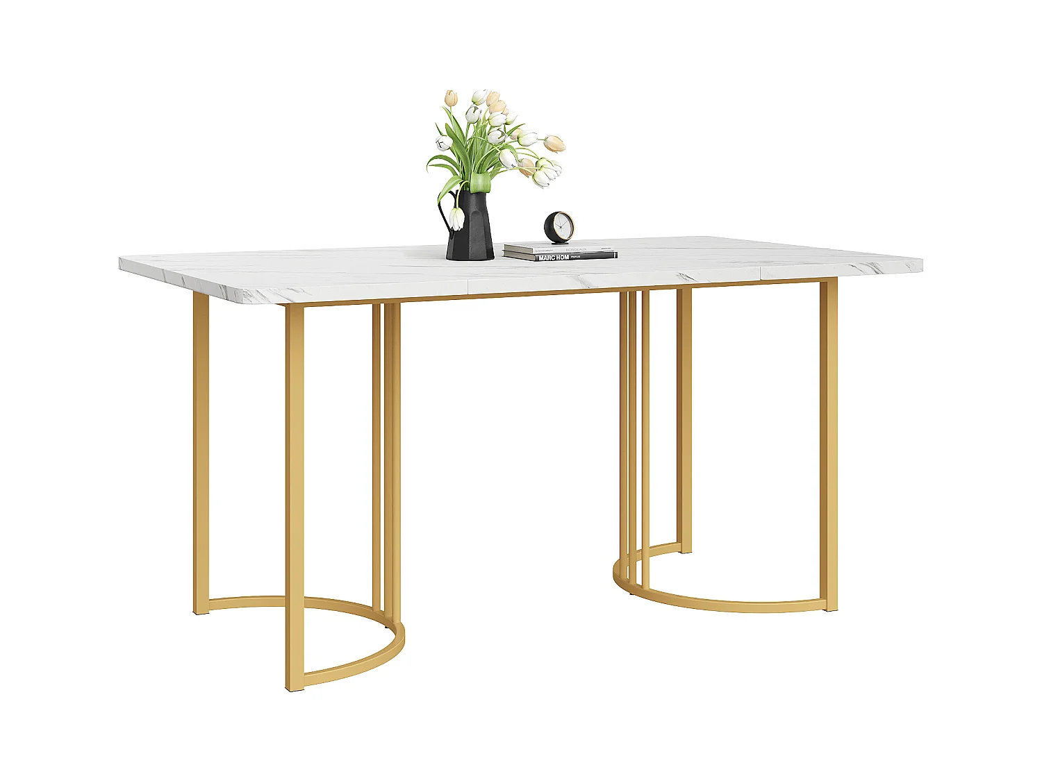 Table à manger 140x80 cm  rectangulaire pour 6 places - pieds réglables - métal et bois - blanc/or Moderne