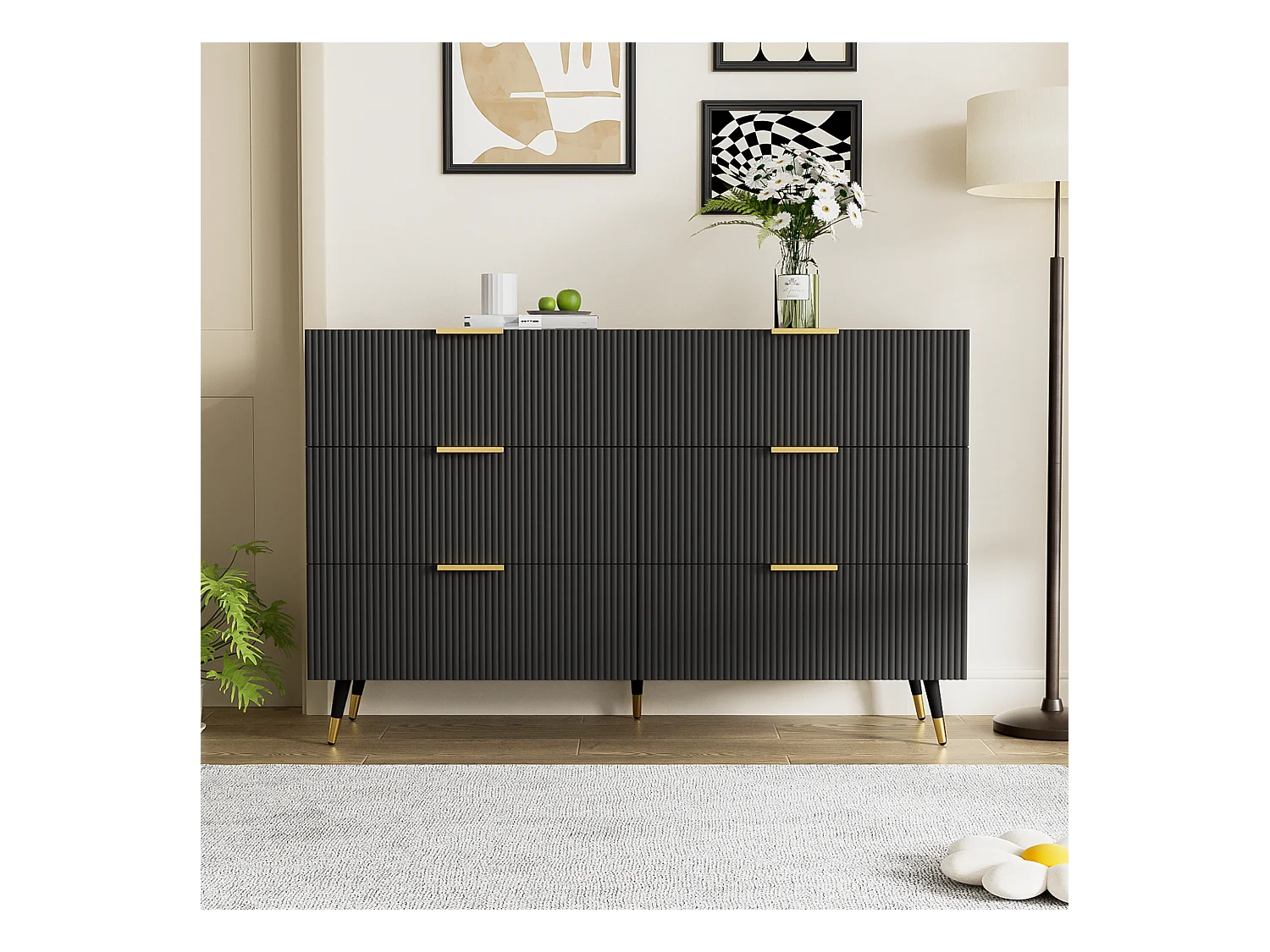 Commode 120x40x77 cm avec 6 tiroirs noir meuble de rangement en bois chambre et salon - poignées et pieds en métal