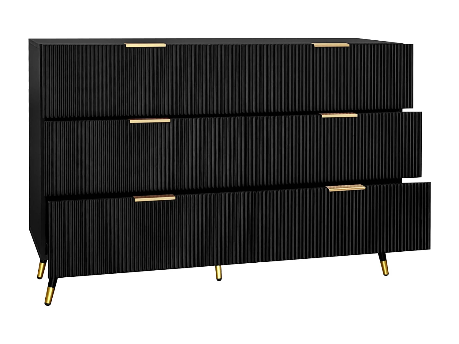 Buffet 120x40x77 cm, 6 tiroirs, surface ondulée, poignées et pieds dorés, panneau de particules, noir