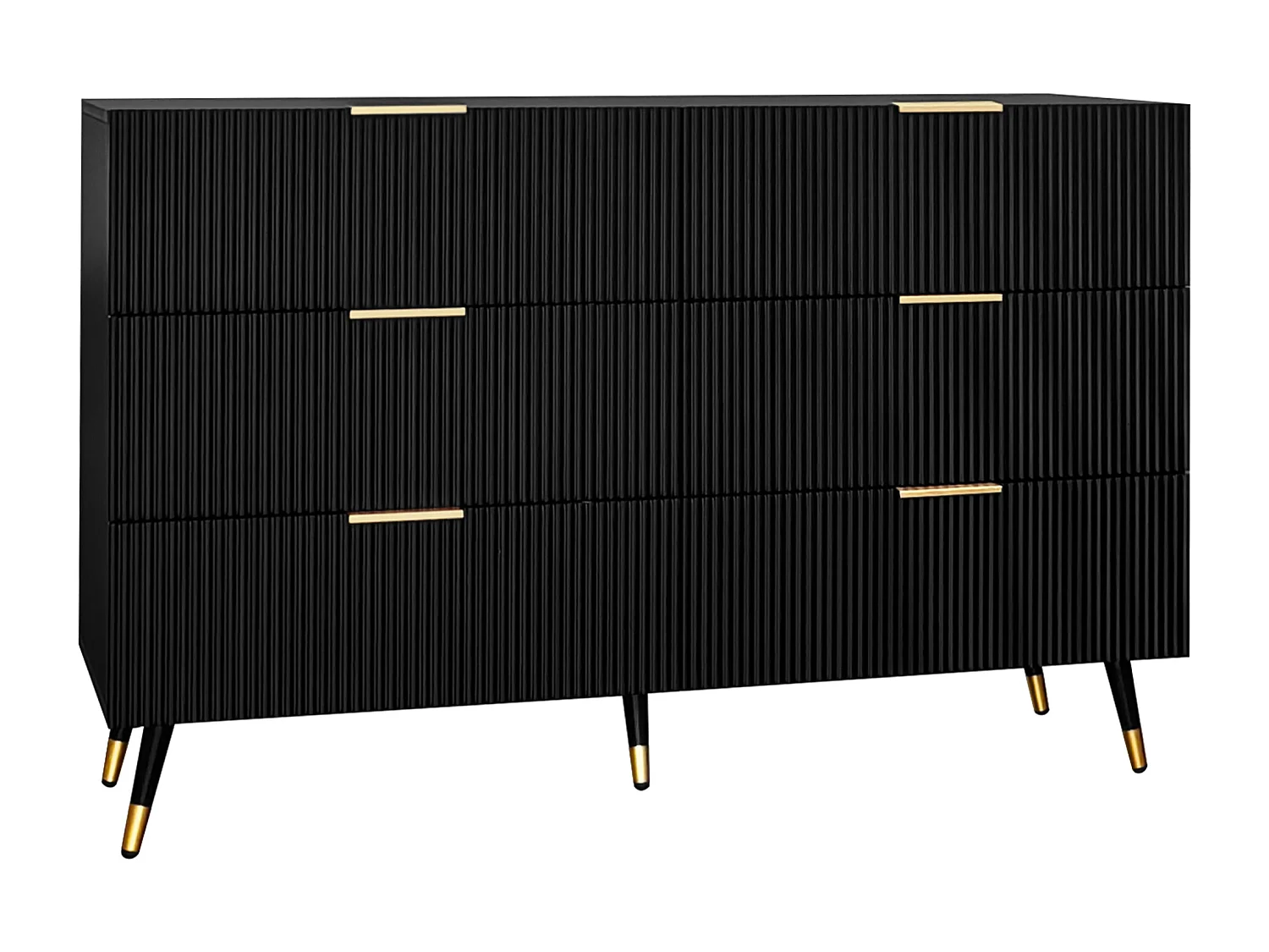 Buffet 120x40x77 cm, 6 tiroirs, surface ondulée, poignées et pieds dorés, panneau de particules, noir