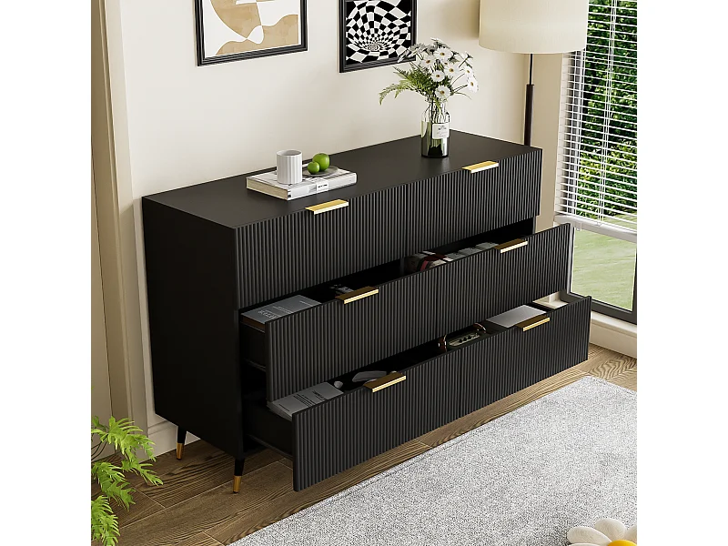 Commode 120x40x77 cm avec 6 tiroirs noir meuble de rangement en bois chambre et salon - poignées et pieds en métal