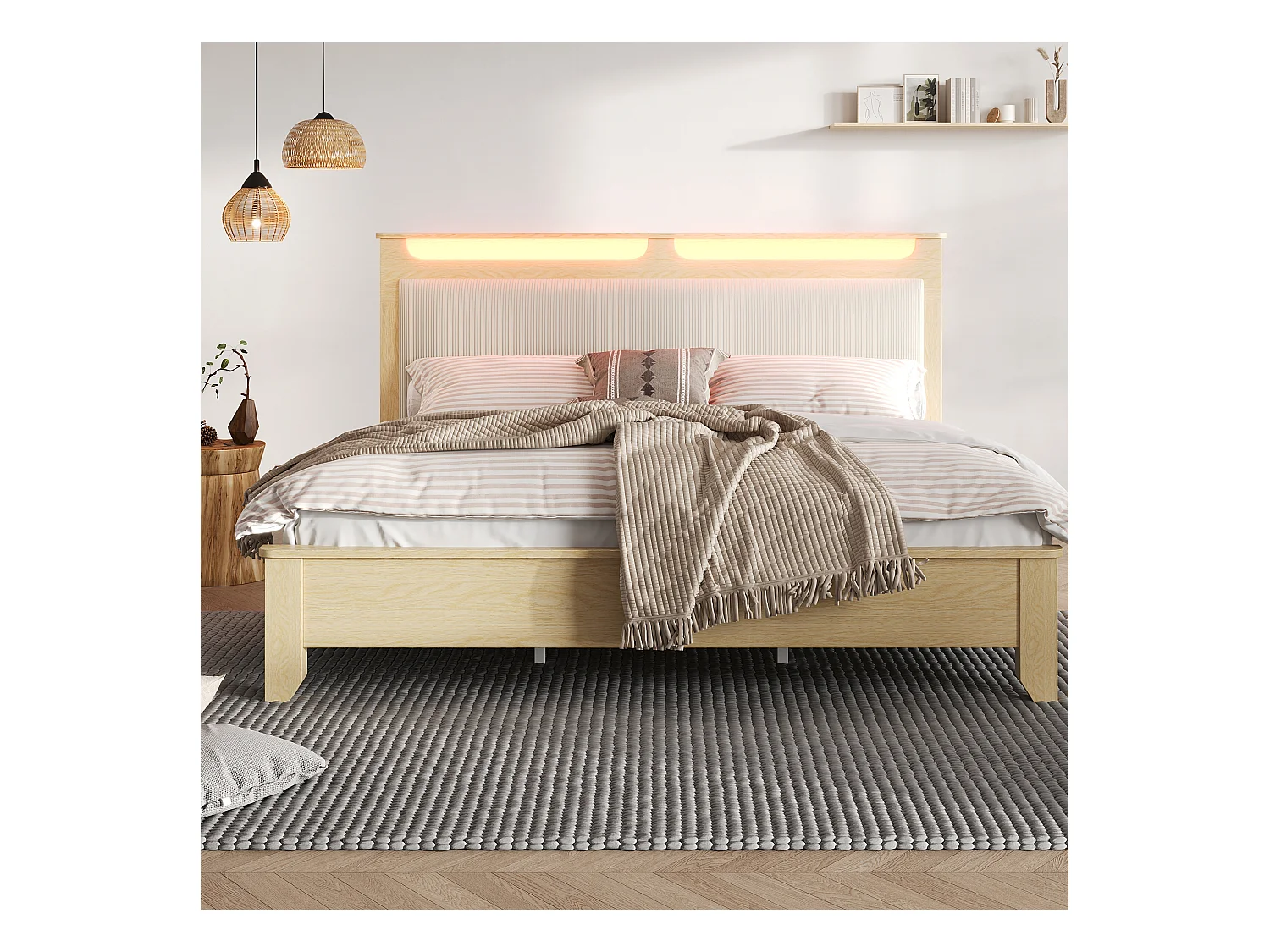 Lit adulte double 140x200cm avec sommier - tête de lit rangement LED et dossier rembourré - bois- chêne clair (sans matelas)