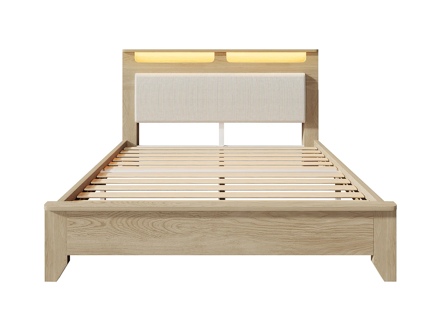 Lit adulte double 140x200cm avec sommier - tête de lit rangement LED et dossier rembourré - bois- chêne clair (sans matelas)