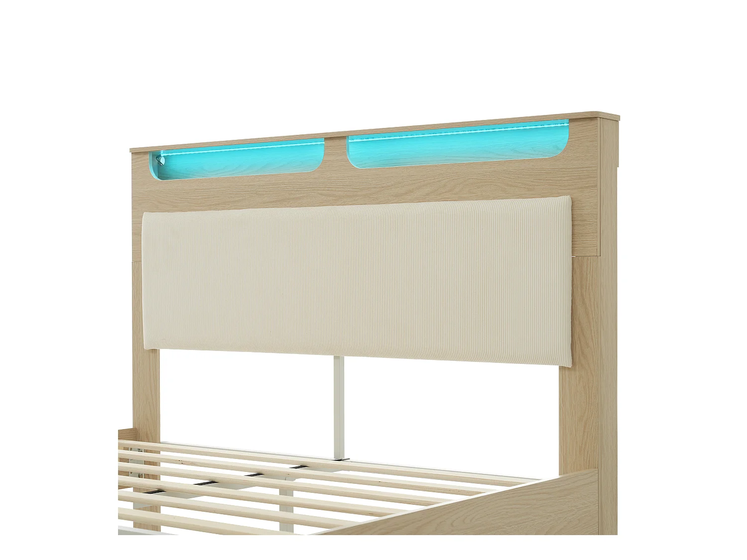 Lit adulte double 140x200cm avec sommier - tête de lit rangement LED et dossier rembourré - bois- chêne clair (sans matelas)