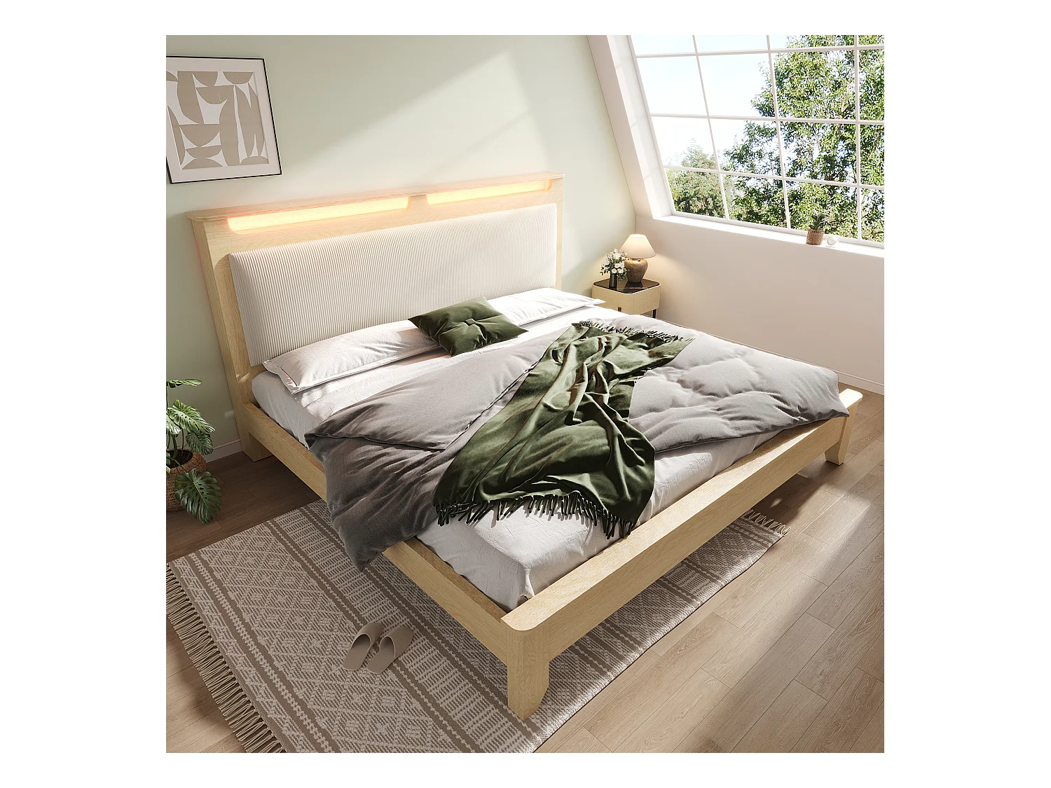 Lit adulte double 140x200cm avec sommier - tête de lit rangement LED et dossier rembourré - bois- chêne clair (sans matelas)