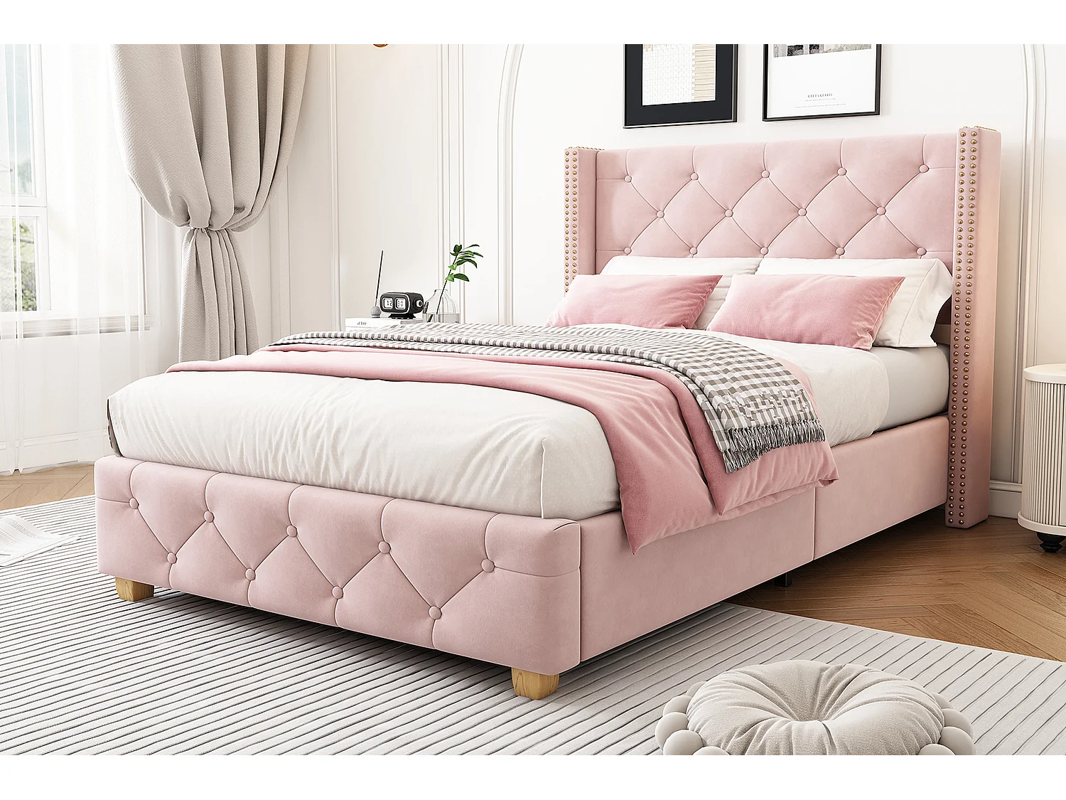 Letto singolo per bambini 90x200 cm con rete a doghe - testiera imbottita - giroletto in legno - velluto rosa (senza materasso)