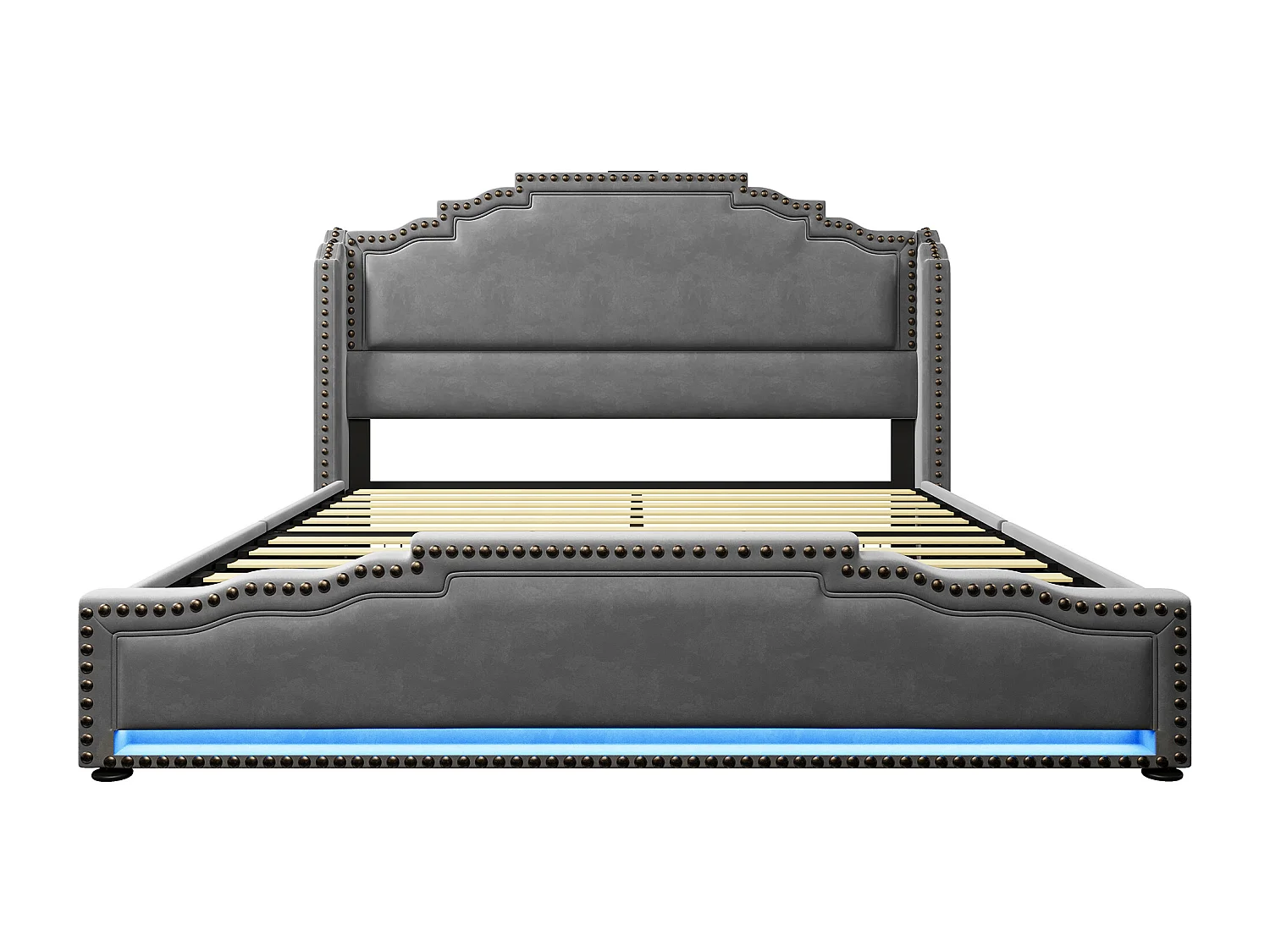 Tweepersoonsbed voor volwassenen 140x200cm met lattenbodem en 4 lades - LED en USB - bedframe - grijs fluweel (zonder matras)