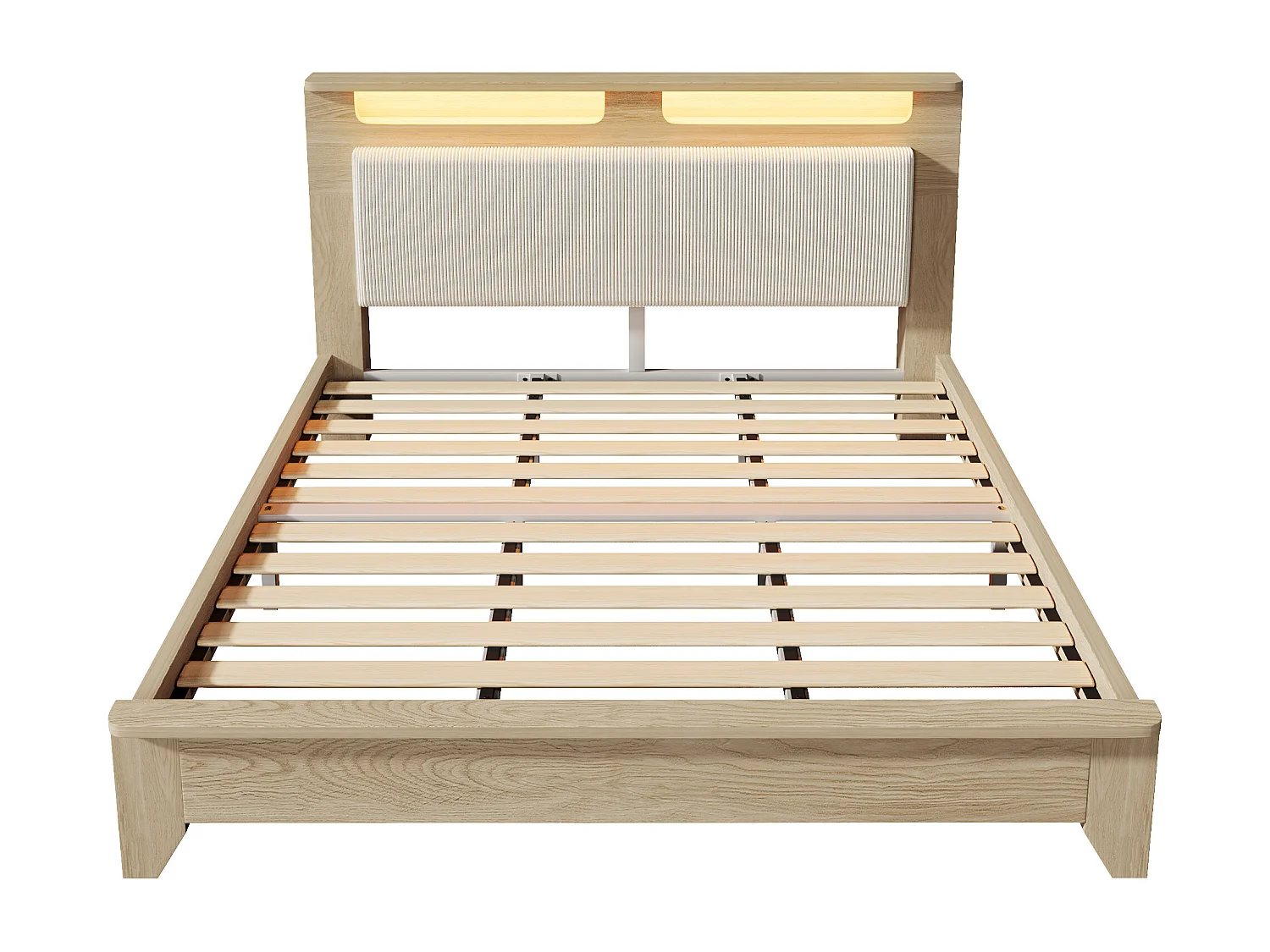 Tweepersoonsbed voor volwassenen 180x200cm met lattenbodem - LED-opberghoofdeinde en gewatteerde rugleuning - hout - licht eiken (zonder matras)