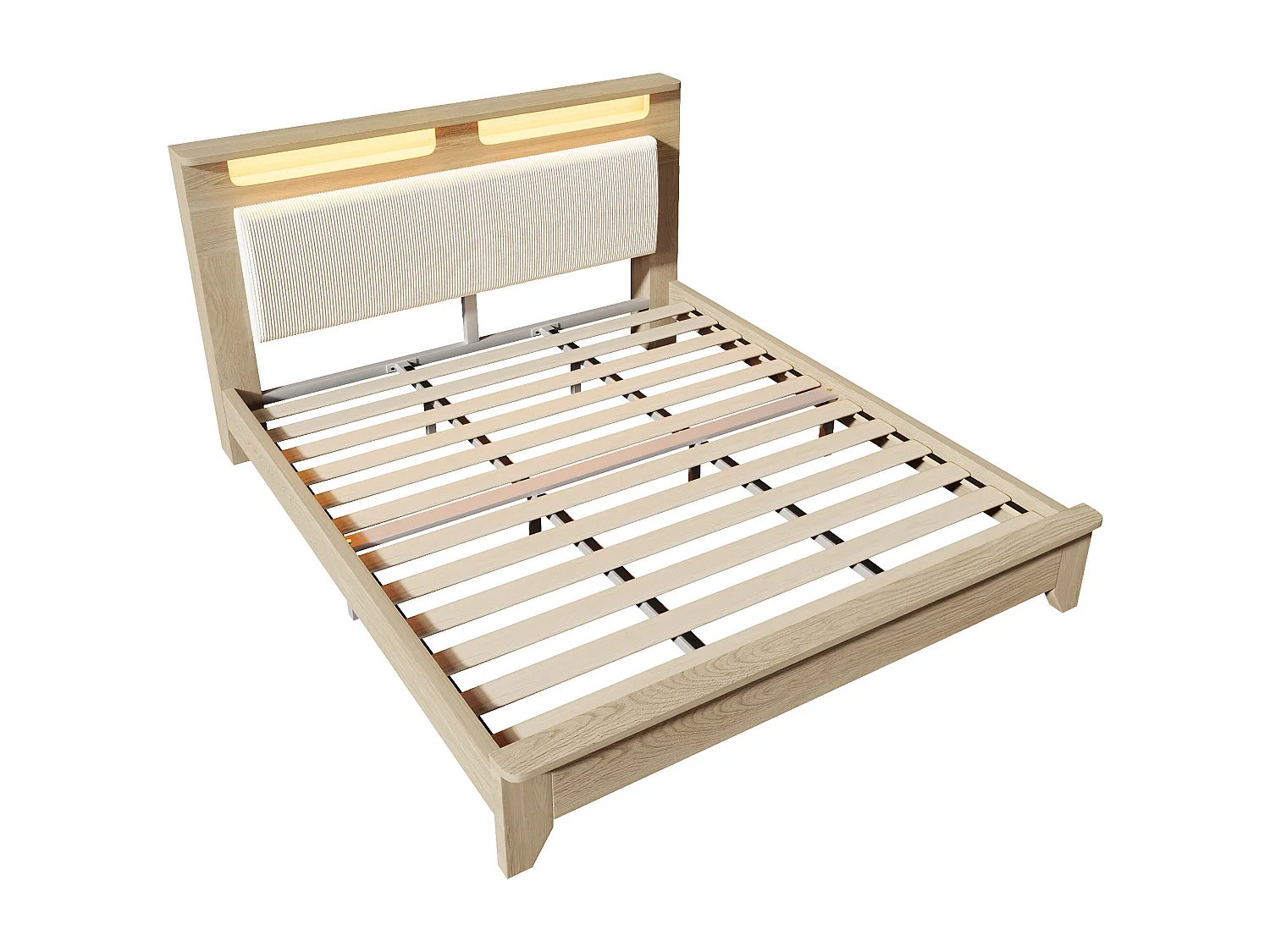 Tweepersoonsbed voor volwassenen 180x200cm met lattenbodem - LED-opberghoofdeinde en gewatteerde rugleuning - hout - licht eiken (zonder matras)
