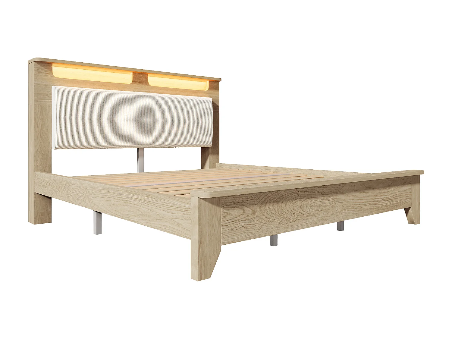 Cama doble adulto 180x200cm con base - cabecero LED y respaldo acolchado - madera - roble claro (sin colchón)
