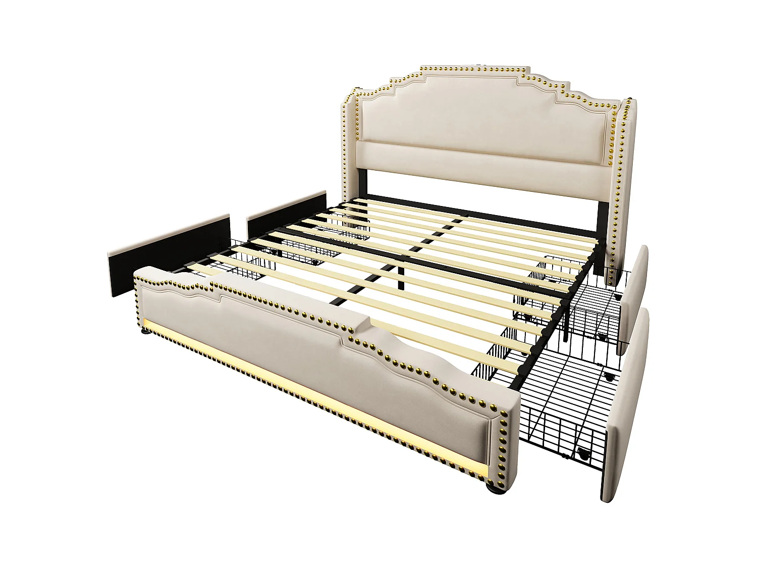 Tweepersoonsbed voor volwassenen 160x200cm met lattenbodem en 4 lades - LED en USB - bedframe - beige fluweel (zonder matras)