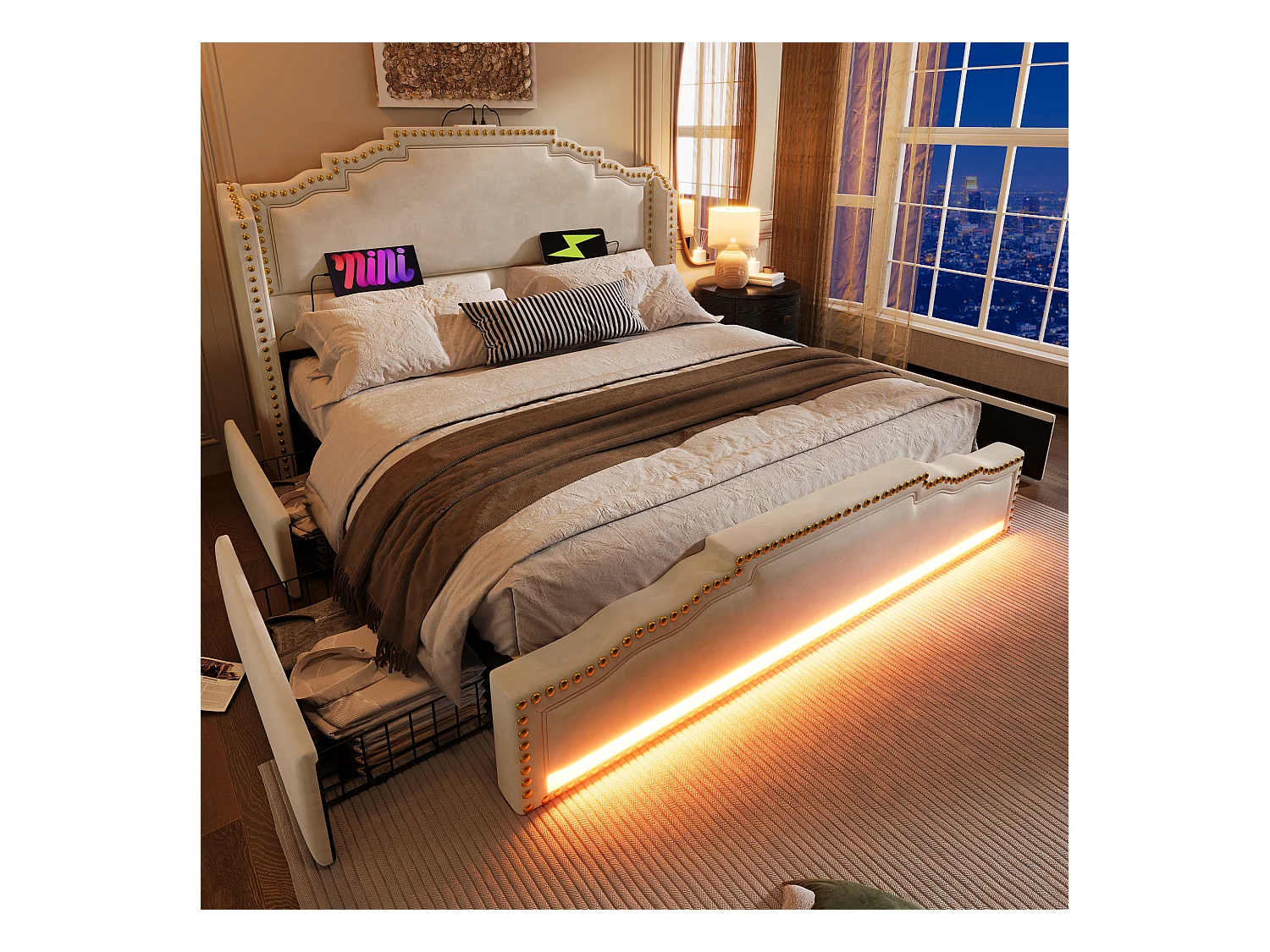 Tweepersoonsbed voor volwassenen 160x200cm met lattenbodem en 4 lades - LED en USB - bedframe - beige fluweel (zonder matras)