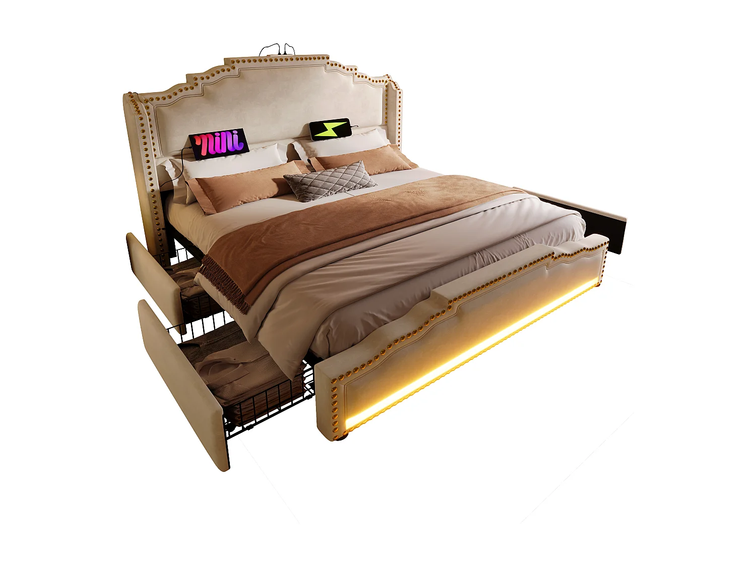 Lit adulte 160x200cm avec sommier et 4 tiroirs - LED et USB - cadre de lit - velours beige (sans matelas)