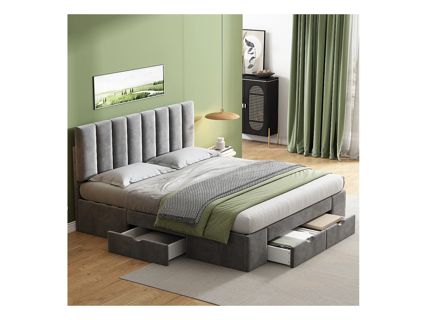 Lit adulte 160x200 cm avec sommier - lit double avec 4 tiroirs de rangement - en bois - gris velours (sans matelas)