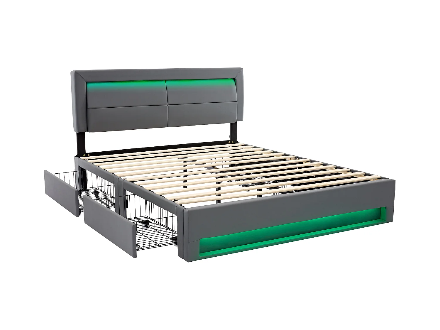 Lit adulte 140x200 cm avec sommier - tête de lit capitonnée avec USB LED et 4 tiroirs - similicuir - gris (sans matelas)