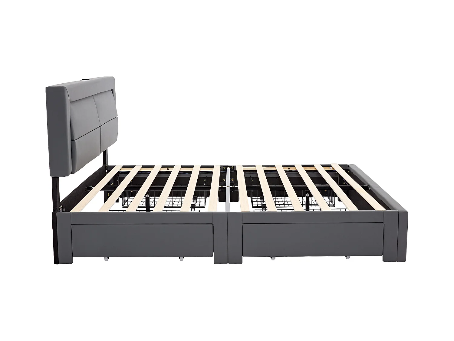 Lit adulte 140x200 cm avec sommier - tête de lit capitonnée avec USB LED et 4 tiroirs - similicuir - gris (sans matelas)