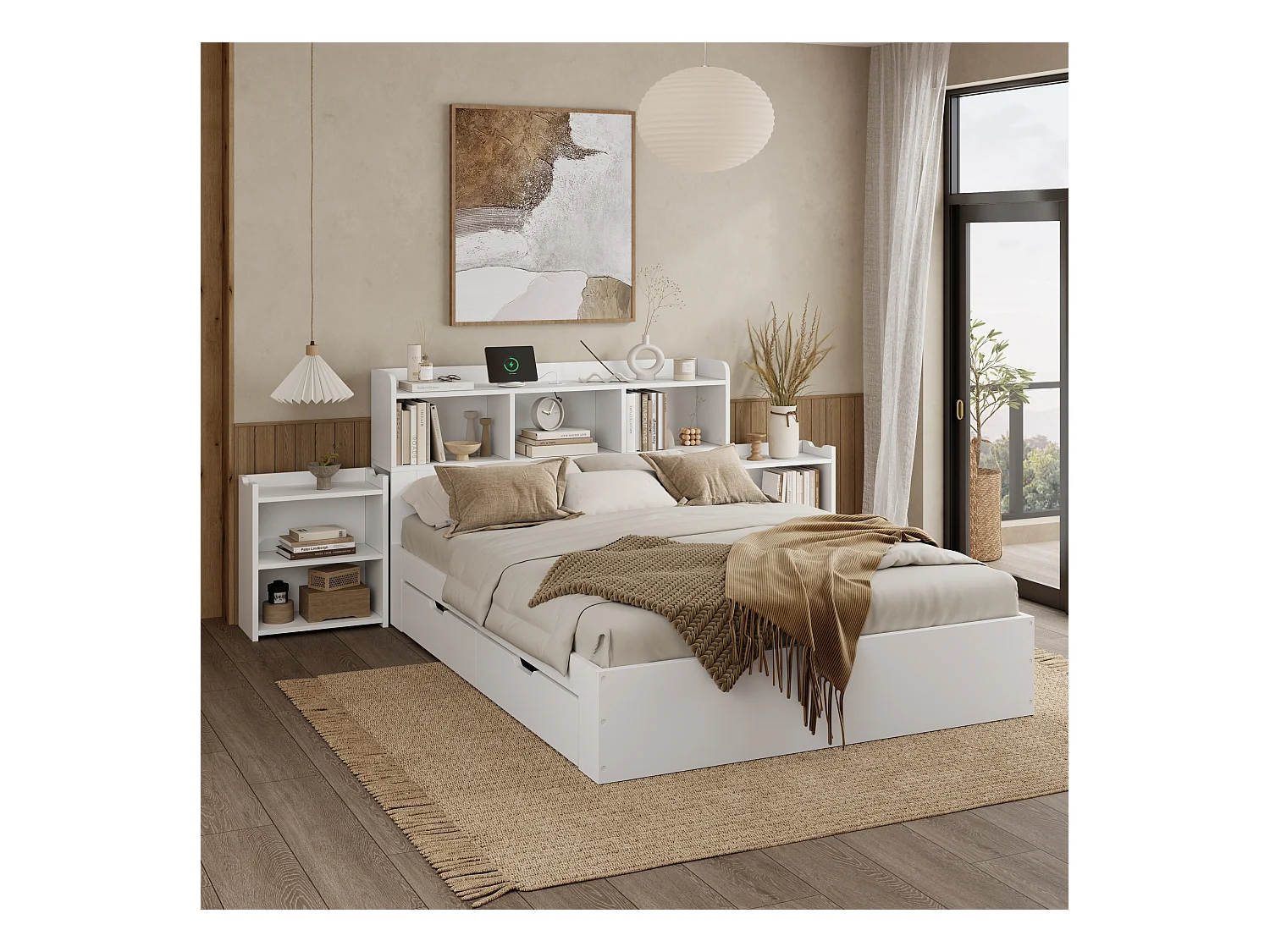 Tweepersoonsbed voor volwassenen 140x200 cm - hoofdeinde met 2 nachtkastjes en type-c interface - hout - wit (zonder matras)