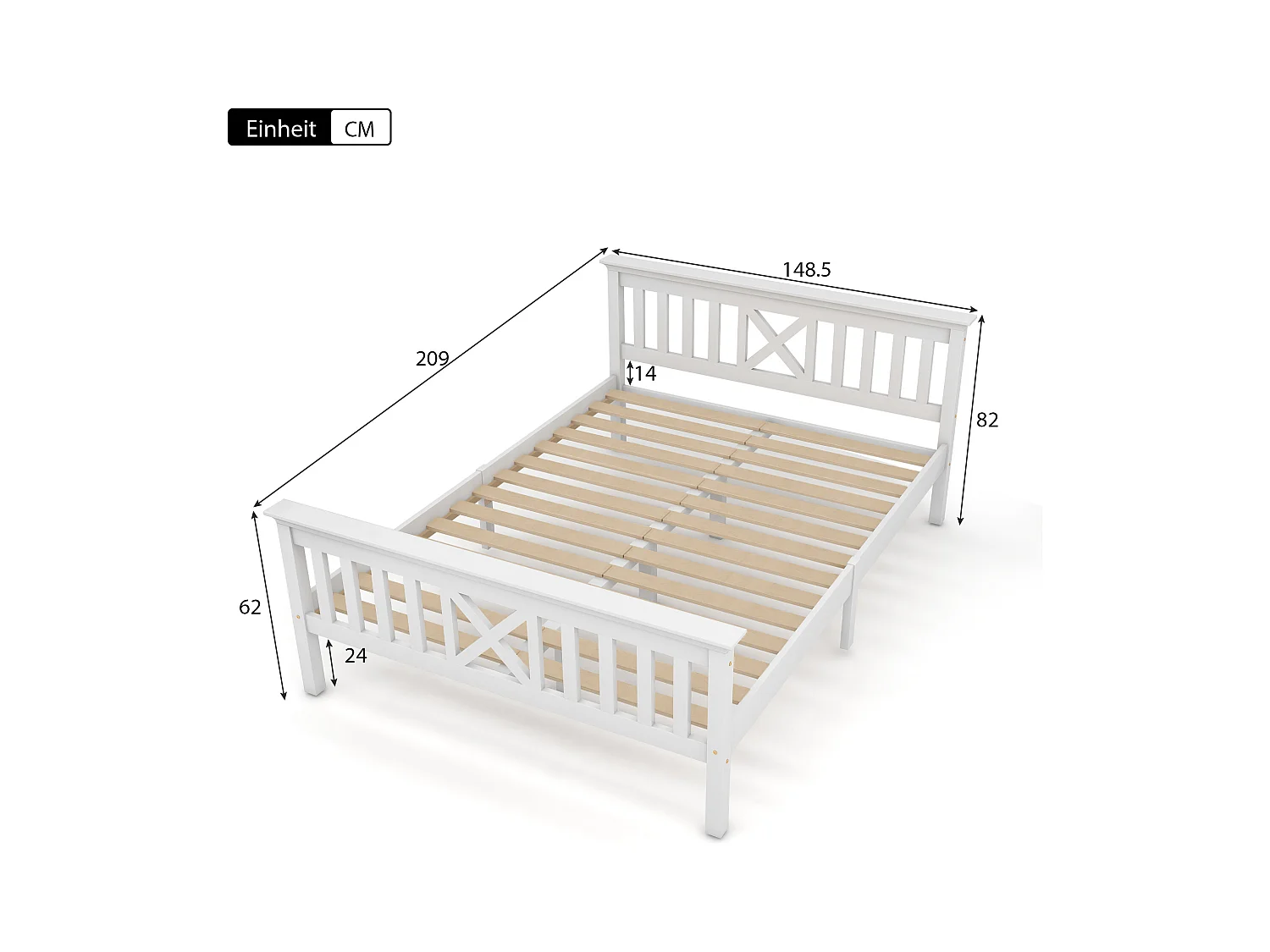 Lit adulte 140x200 cm avec sommier à lattes - cadre de lit en bois - blanc (sans matelas)