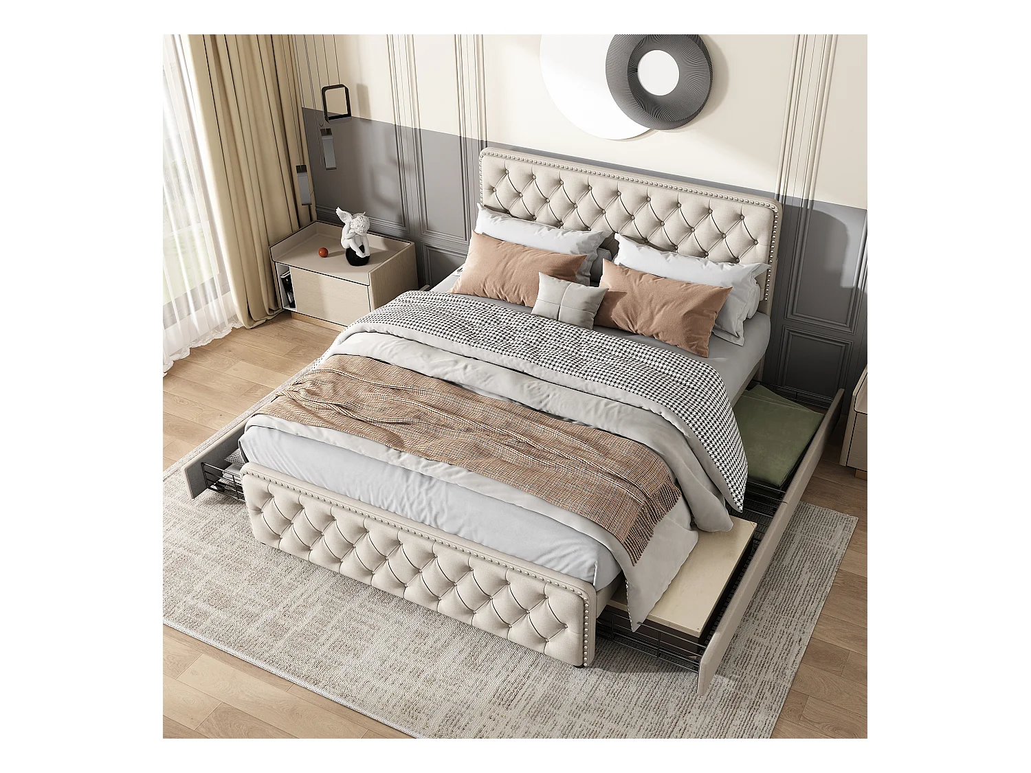 Tweepersoonsbed 180x200cm met lattenbodem en 4 lades - in hoogte verstelbaar hoofdeinde - hout - beige linnen (zonder matras)