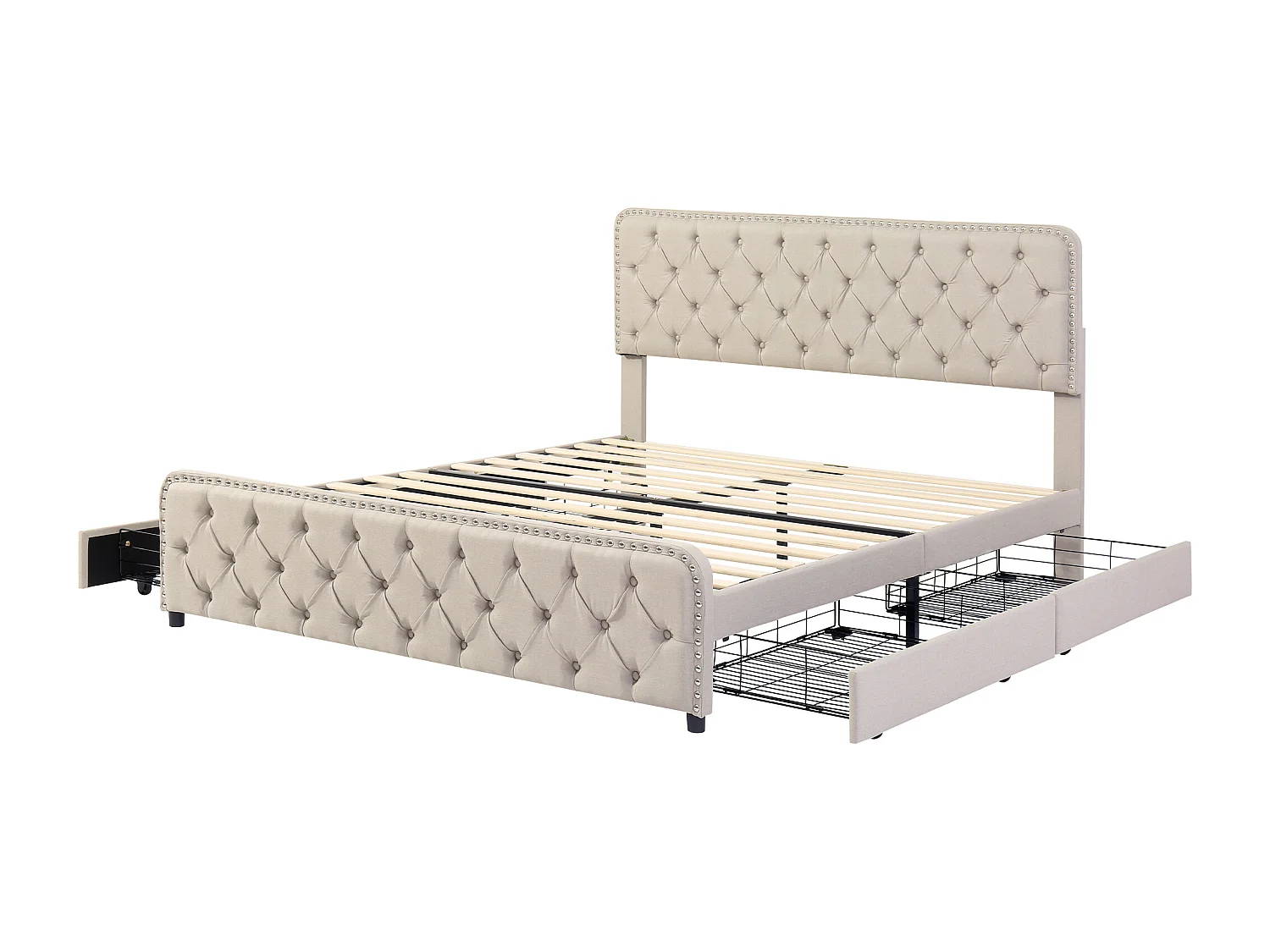 Tweepersoonsbed 180x200cm met lattenbodem en 4 lades - in hoogte verstelbaar hoofdeinde - hout - beige linnen (zonder matras)