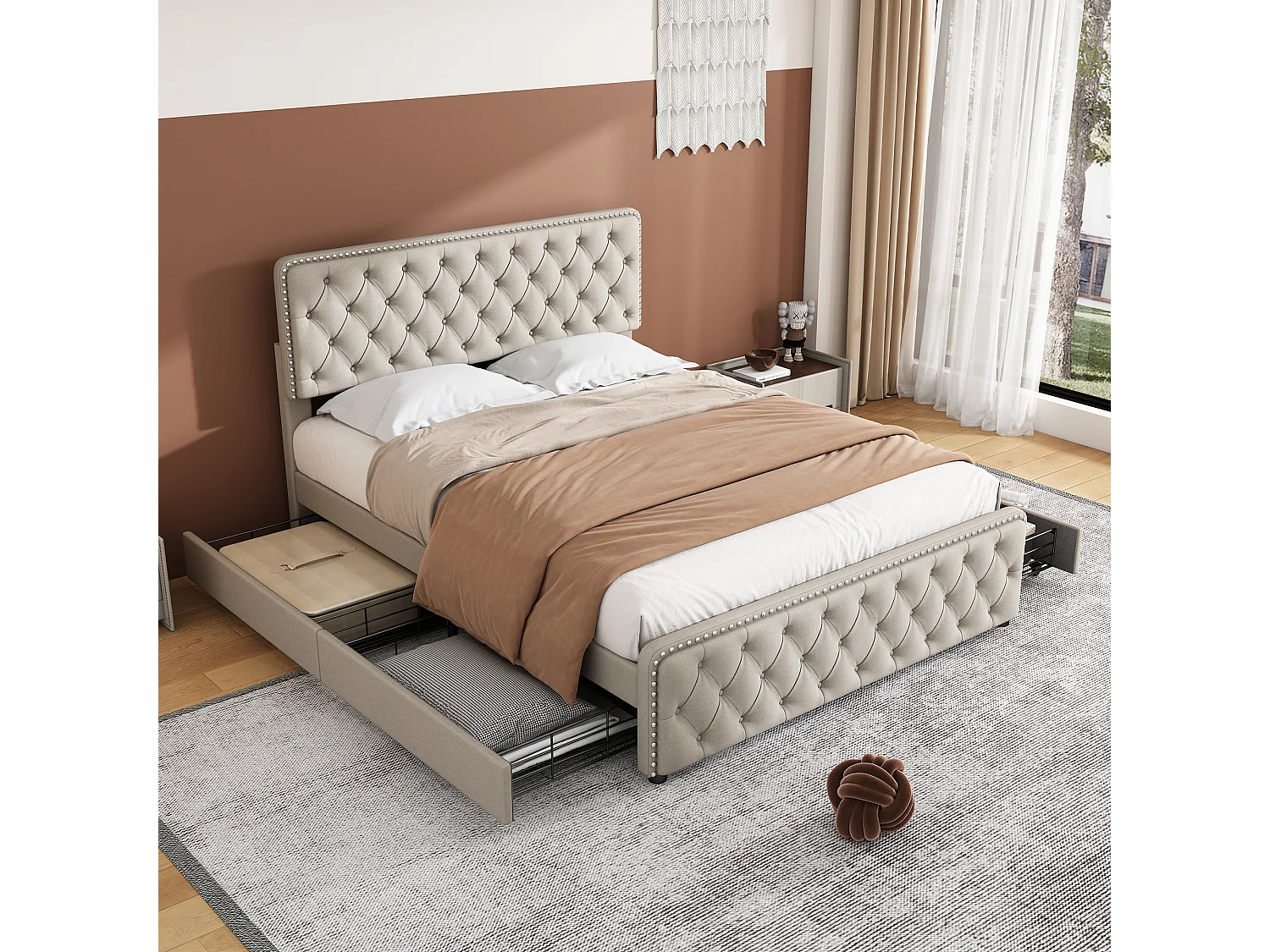 Tweepersoonsbed 180x200cm met lattenbodem en 4 lades - in hoogte verstelbaar hoofdeinde - hout - beige linnen (zonder matras)