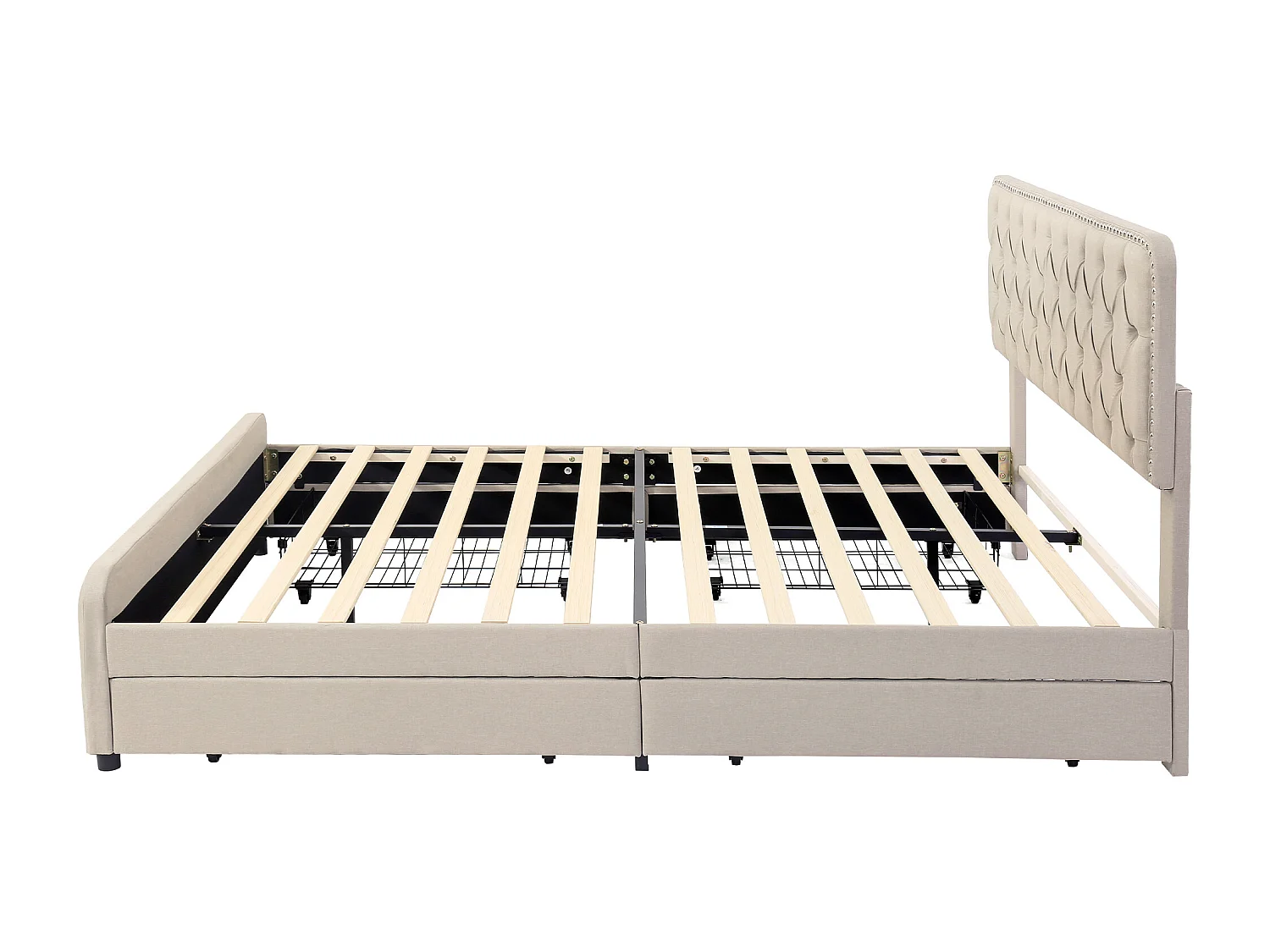 Tweepersoonsbed 180x200cm met lattenbodem en 4 lades - in hoogte verstelbaar hoofdeinde - hout - beige linnen (zonder matras)