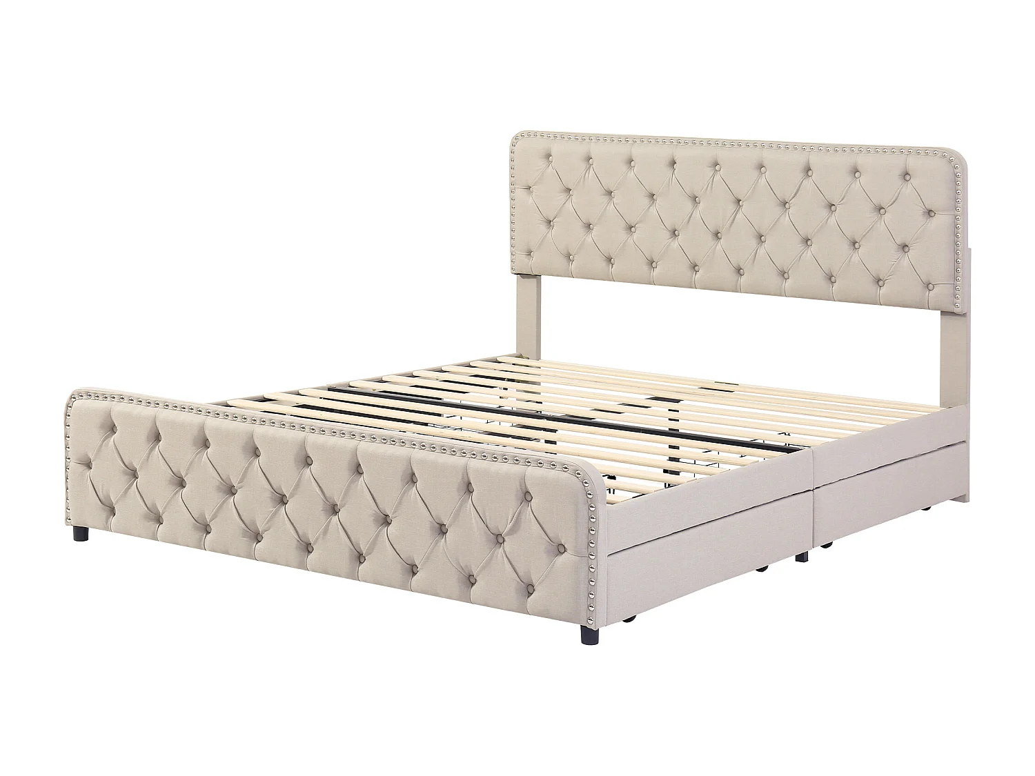 Tweepersoonsbed 180x200cm met lattenbodem en 4 lades - in hoogte verstelbaar hoofdeinde - hout - beige linnen (zonder matras)