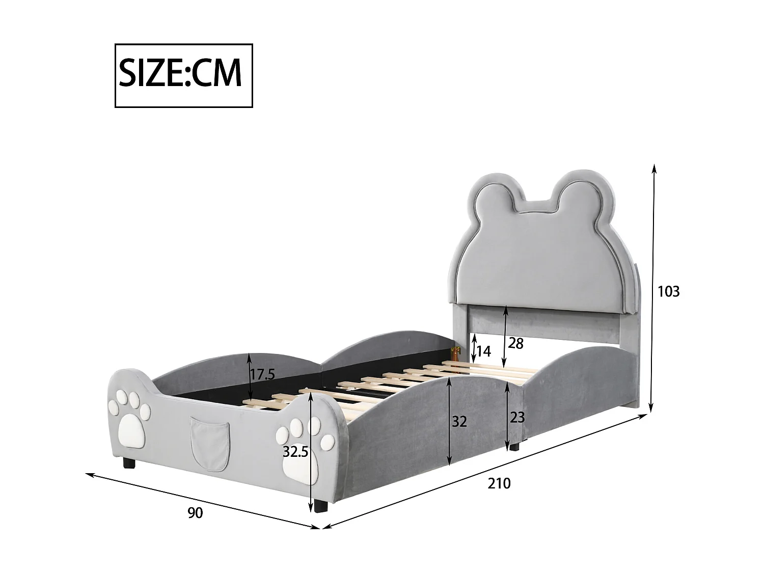 Lit enfant 90x200 cm avec forme ours tissu velours, gris (Sans matelas)