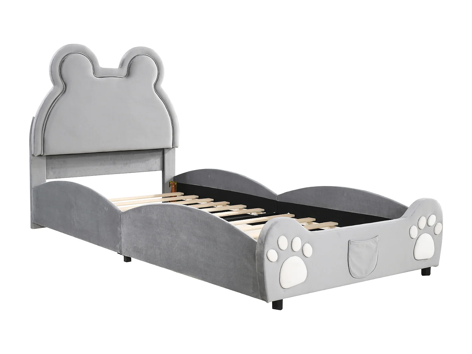 Lit enfant 90x200 cm avec forme ours tissu velours, gris (Sans matelas)