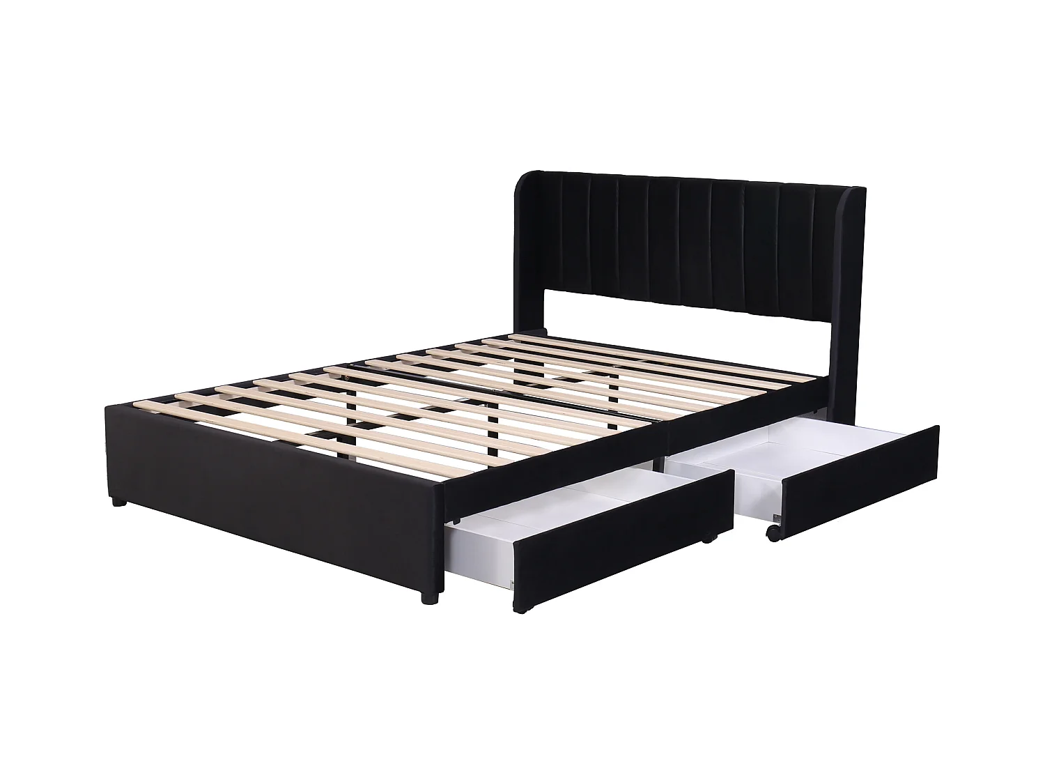 Tweepersoonsbed voor volwassenen 160x200 cm met lattenbodem en 2 opberglades - gewatteerd hoofdeinde - fluweel - zwart (zonder matras)